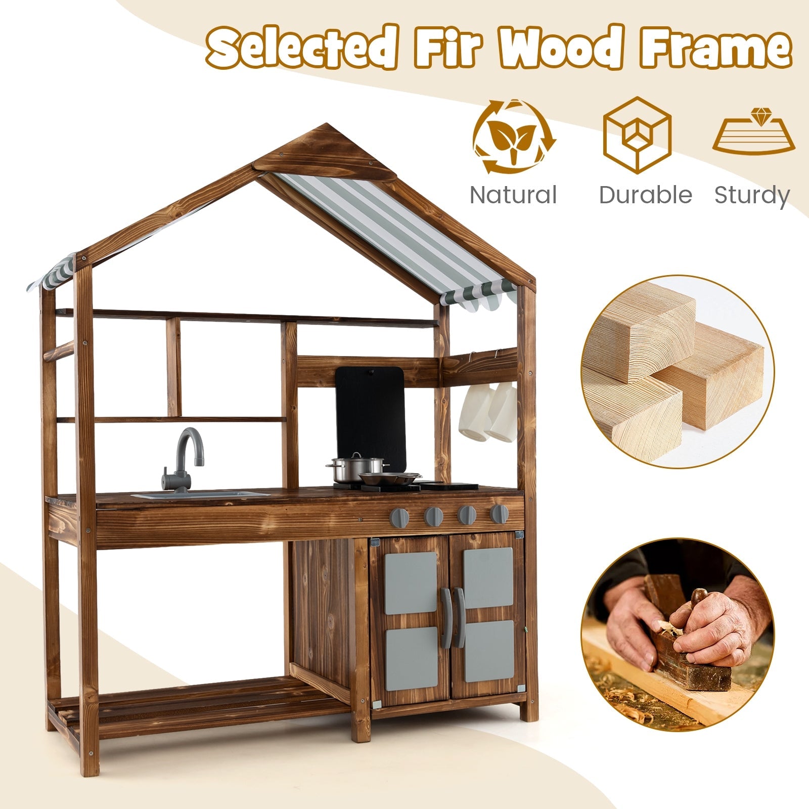 **Outdoor Kids Mud Kitchen - Solid Wood Play Kitchen with Canopy for Pretend Cooking & Sensory Play - Perfect for Backyard, Garden & Outdoor Play**
