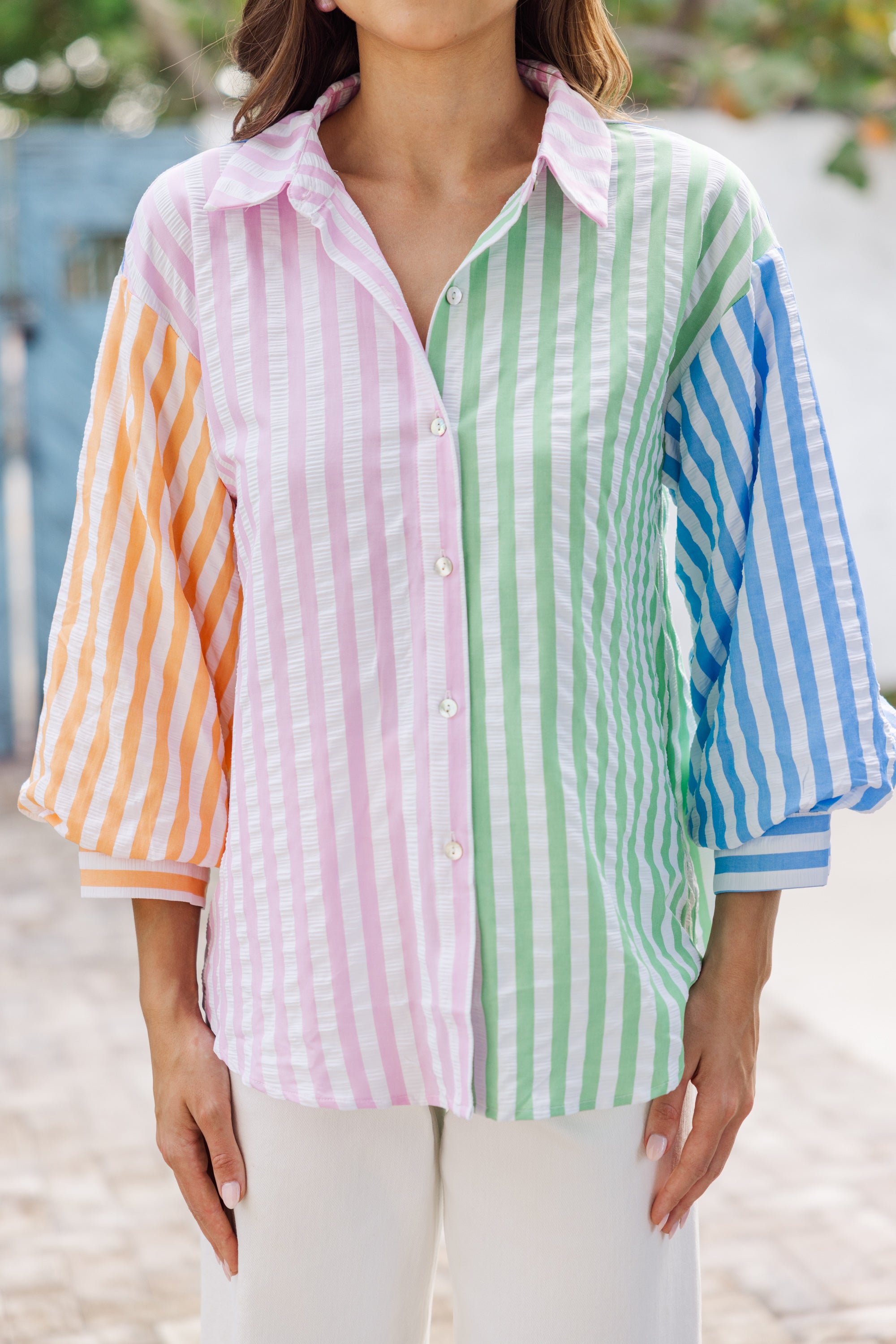Stylish Pink Striped Blouse for Women - Summer Beach Vacation Outfit, Casual Boho Chic Top for Seaside Getaways & Tropical Holidays