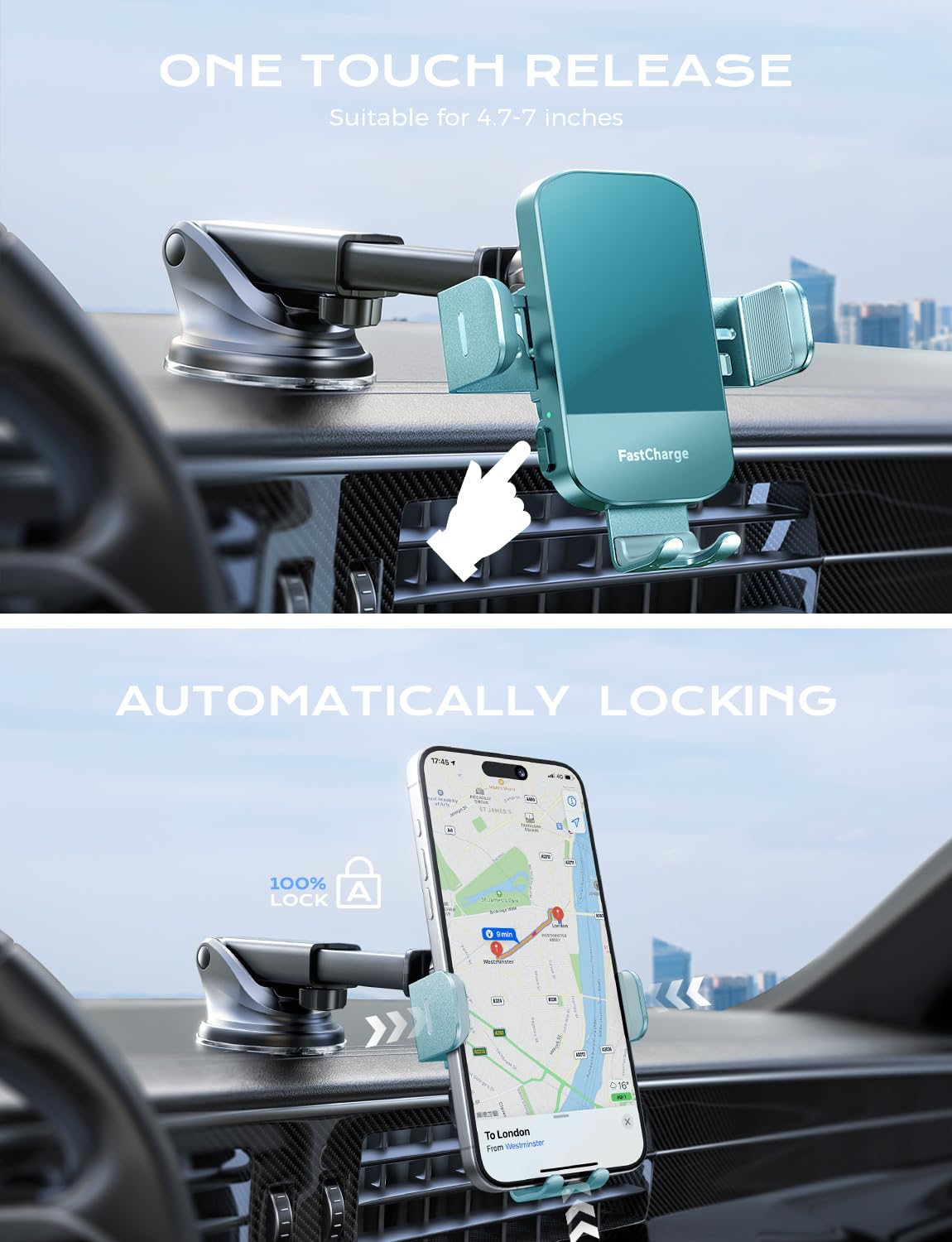 15W Fast Wireless Car Charger with Auto Clamping - Compatible with iPhone 16/15/14/13/12 Pro Max/11/XR/XS & Samsung Galaxy S25 Ultra/S24/S23/S22 - Dark Teal Phone Mount Holder for Safe Driving & Hands-Free Charging