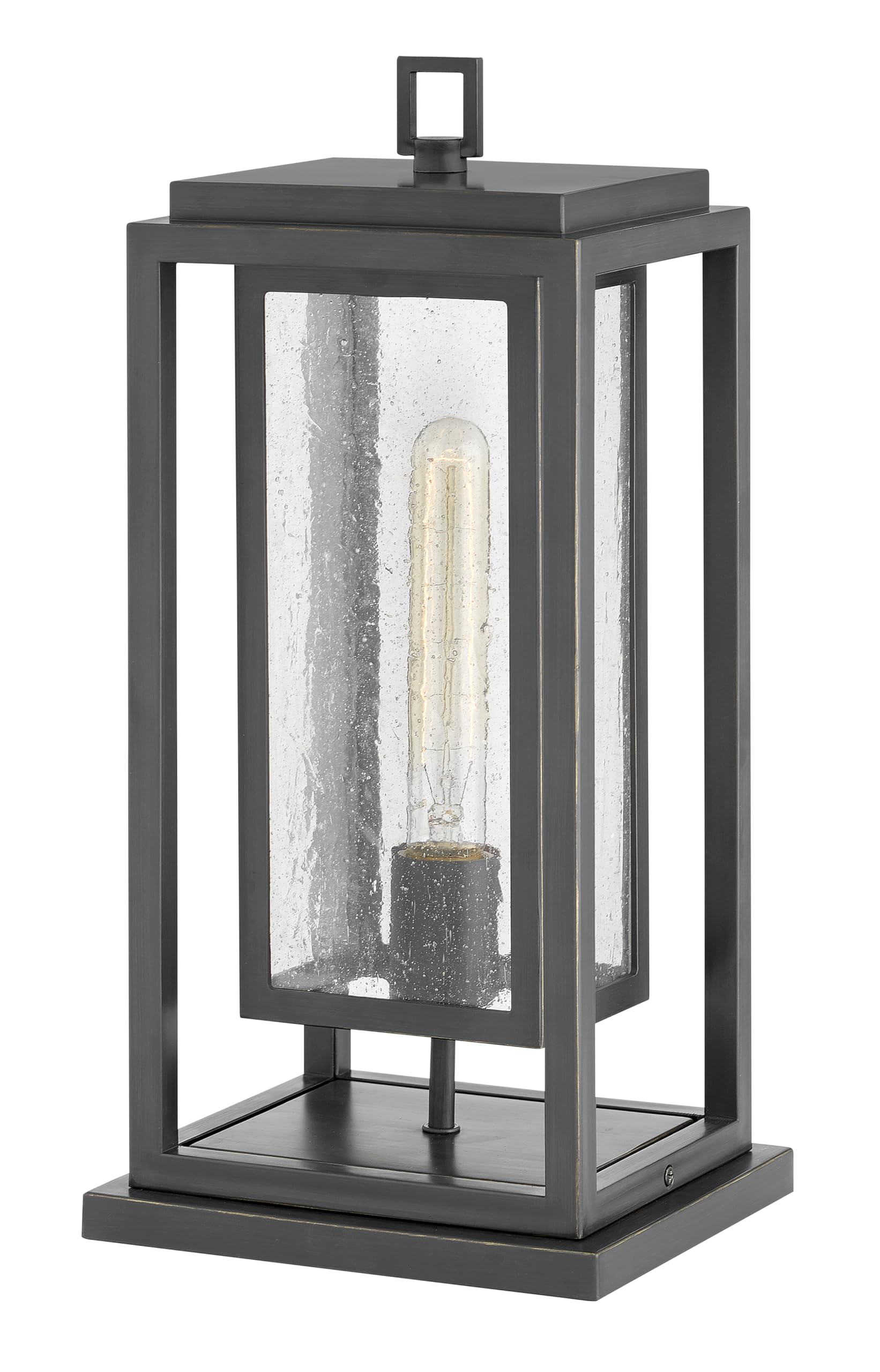 Hinkley Republic Single Light Medium Outdoor Pier Mount Lantern - Transitional Modern Double Frame Design, Oil Rubbed Bronze Finish - Coastal Elements Collection - Perfect for Porch, Patio, Garden, and Entryway Lighting