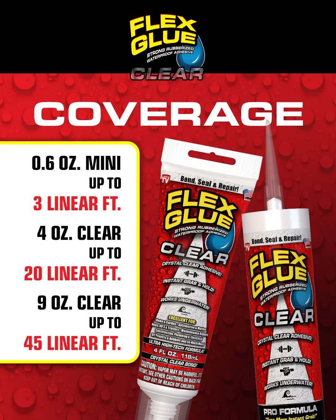 FLEX GLUE Flex Seal GFSCLRR04 Clear Rubberized Waterproof Adhesive - 4oz Tube for Leak Repair, Sealing Gaps, and Waterproofing Projects - Ideal for Home, RV, Boat, and Outdoor Use