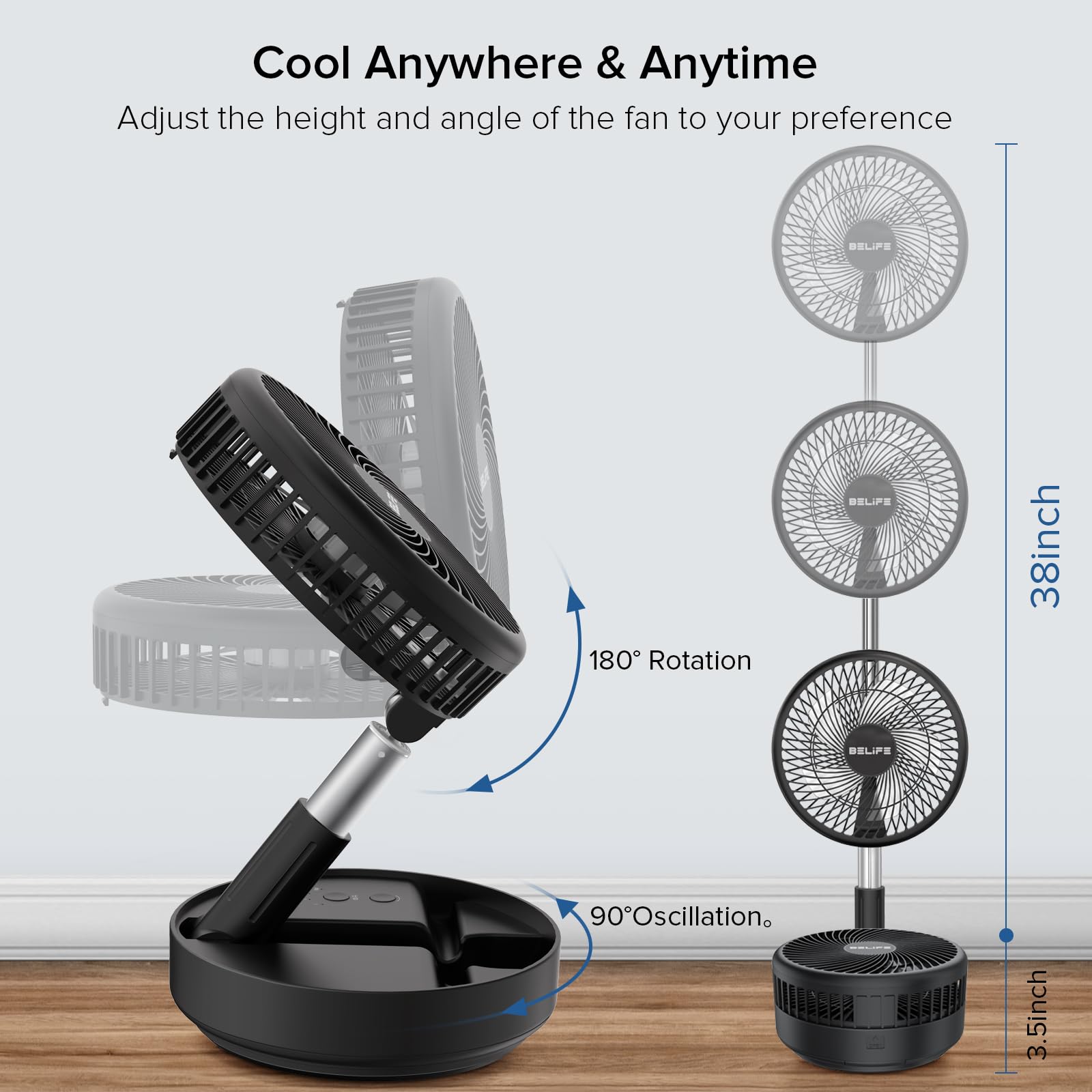 Belife X8 Portable Fan - 7200mAh Rechargeable Battery, USB-Powered Oscillating Desk/Floor Fan with Remote Control, Foldable & Telescopic Design for Home, Office, Camping & Travel - 7.7 Inch Black | Perfect for Sleeping, Bedroom Cooling & Outdoor Activities