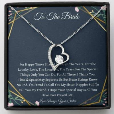 Custom Personalized Sister Necklace Gift for Bride - Love Knot Heart Diamond Charm Pendant with Message Card & Jewelry Box - Perfect for Weddings, Anniversaries & Special Occasions