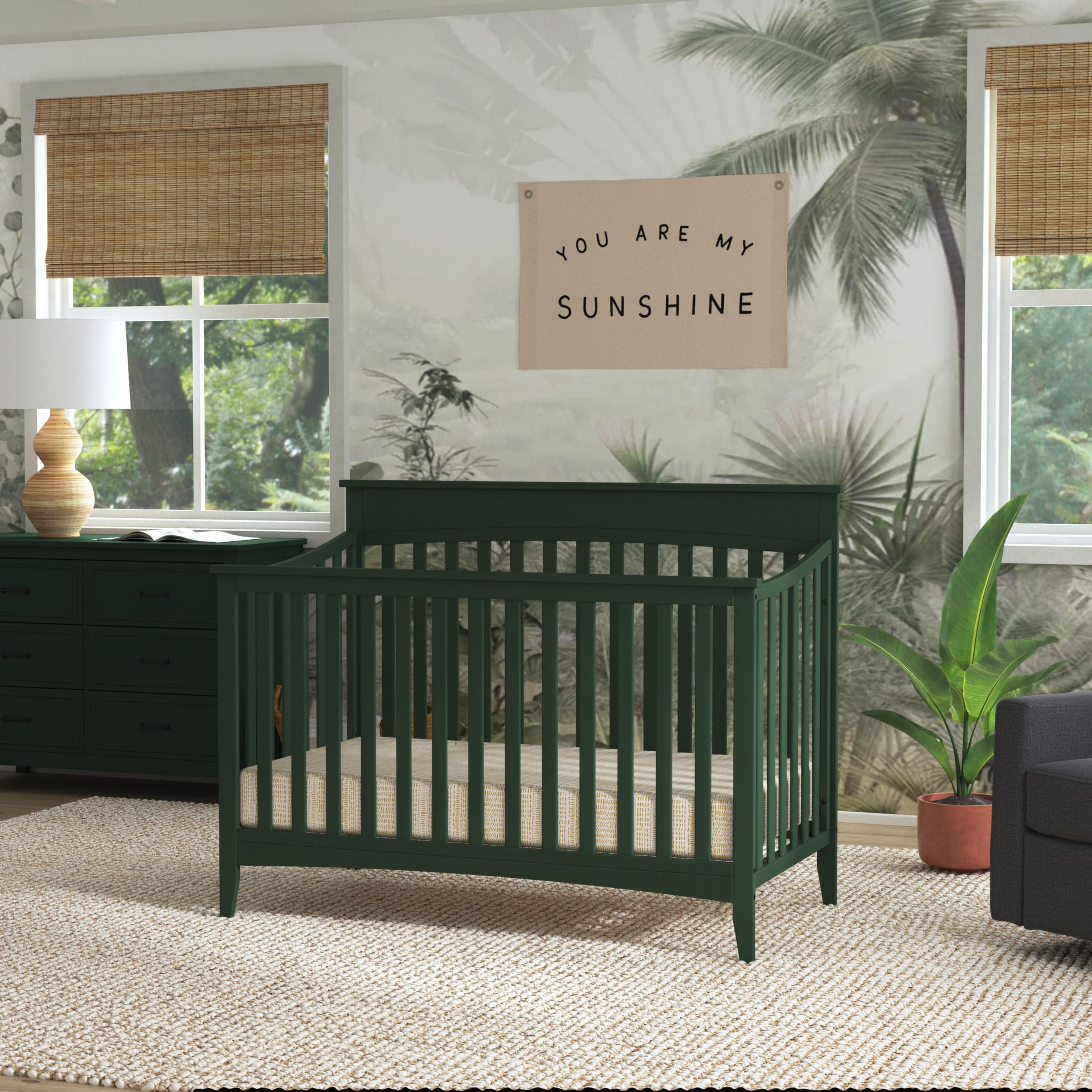 DaVinci Grove 4-in-1 Convertible Baby Crib - GREENGUARD Gold Certified, Converts to Toddler Bed, Daybed & Full Size Bed - Adjustable Height Wooden Crib in Forest Green - Perfect for Nursery, Bedroom & Growing Toddlers