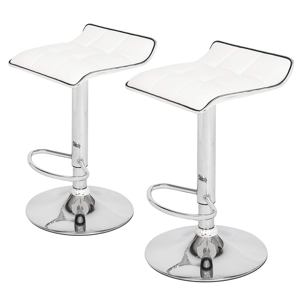 Fuara Modern PU Leather Swivel Adjustable Hydraulic Bar Stools - Set of 2 Square Board Curved Foot Stools with Cotton Linen Fabric in White | Perfect for Kitchen Islands, Home Bars & Breakfast Nooks