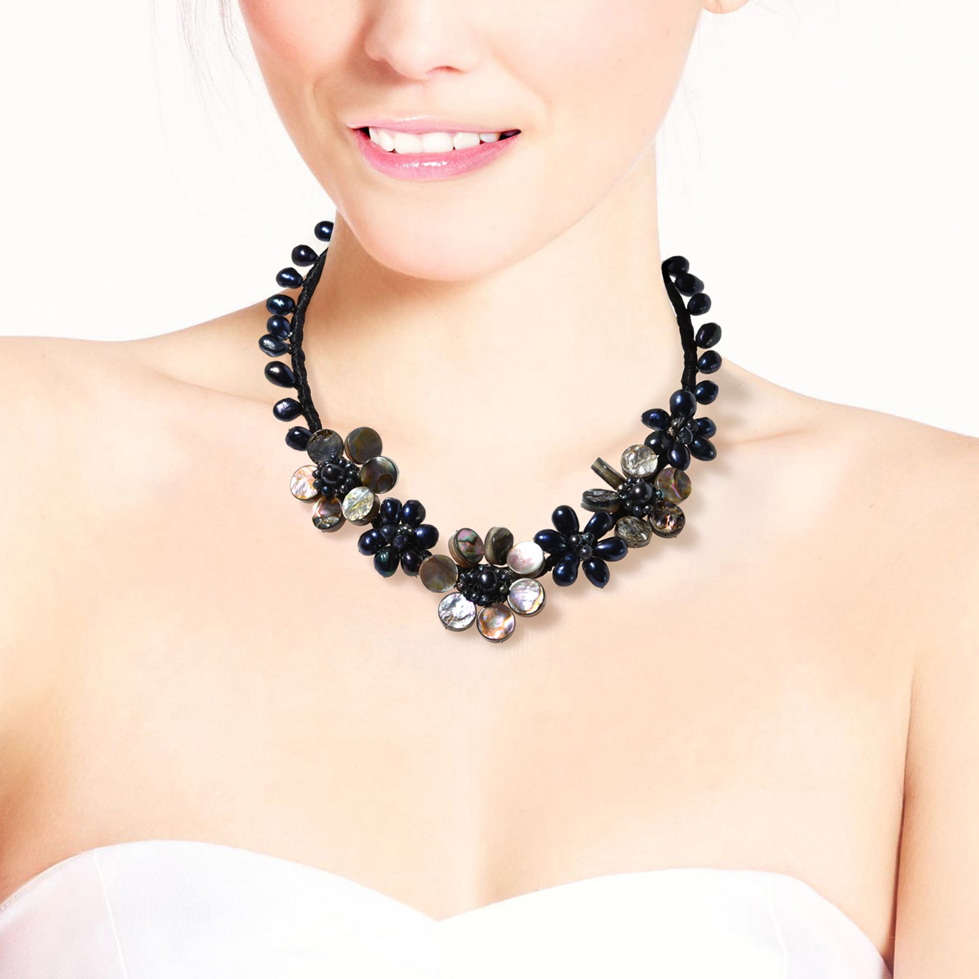 Handmade Abalone Shell and Cultured Freshwater Pearl Floral Beaded Necklace - Elegant Boho Jewelry for Women, Perfect for Weddings, Parties & Beach Vacations