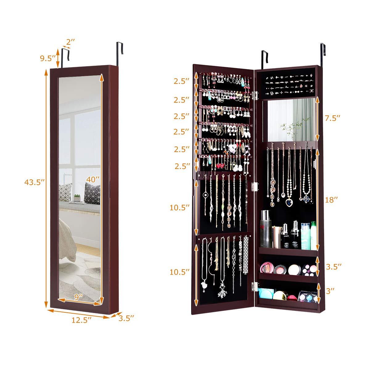Giantex Jewelry Armoire Cabinet with Full Length Mirror - Wall Mounted Jewelry Organizer with Makeup Mirror, Ring Earring Slots & Necklace Hooks - Large Capacity Storage for Necklaces, Bracelets, Earrings - Perfect for Bedroom, Closet or Dressing Room (Brown)