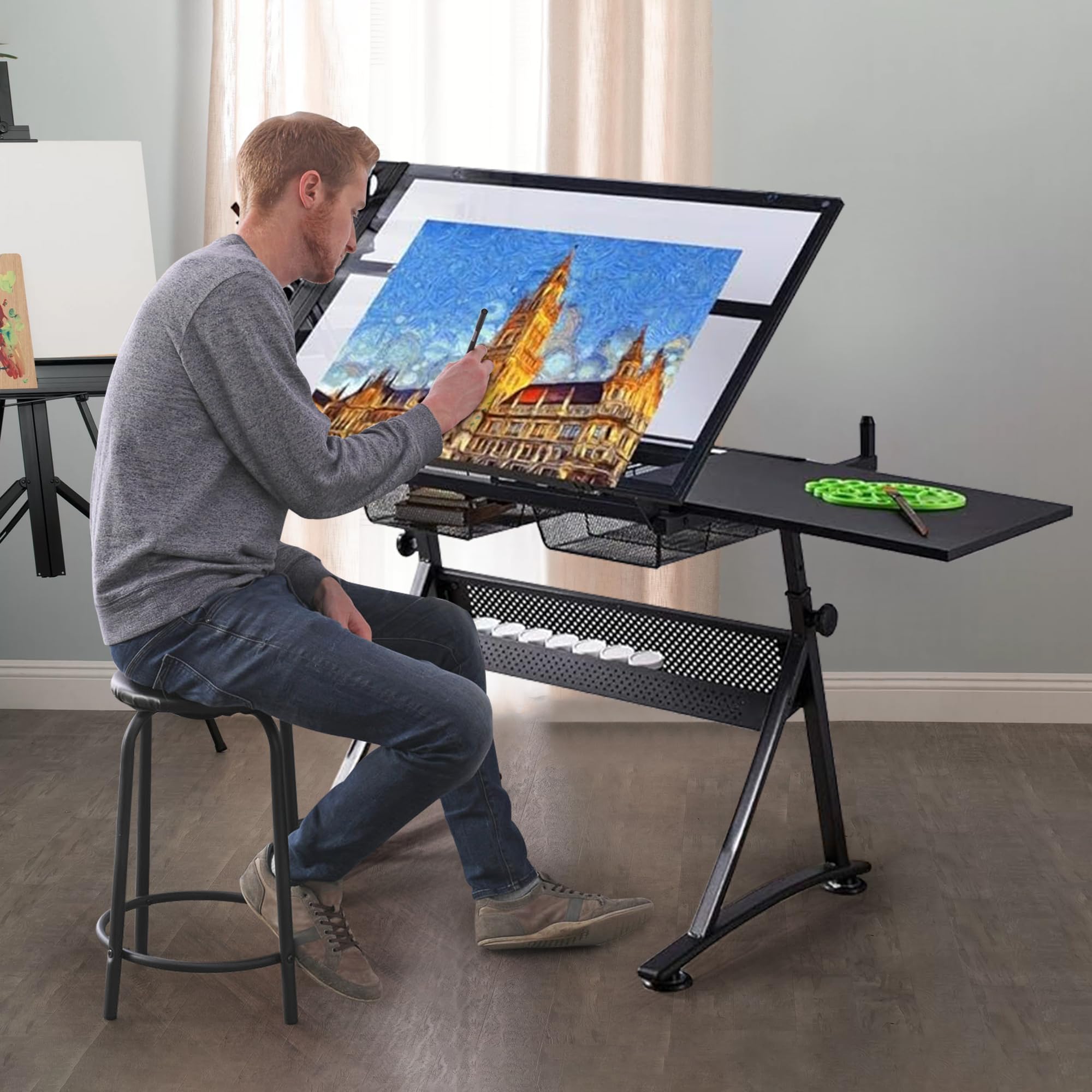 EASICUTI Adjustable Height Drafting Table with Tiltable Glass Top - 0-75° Angle Art Desk with Storage Drawers & Stool - Perfect for Drawing, Painting, Writing, Crafting & Home Office Workspace
