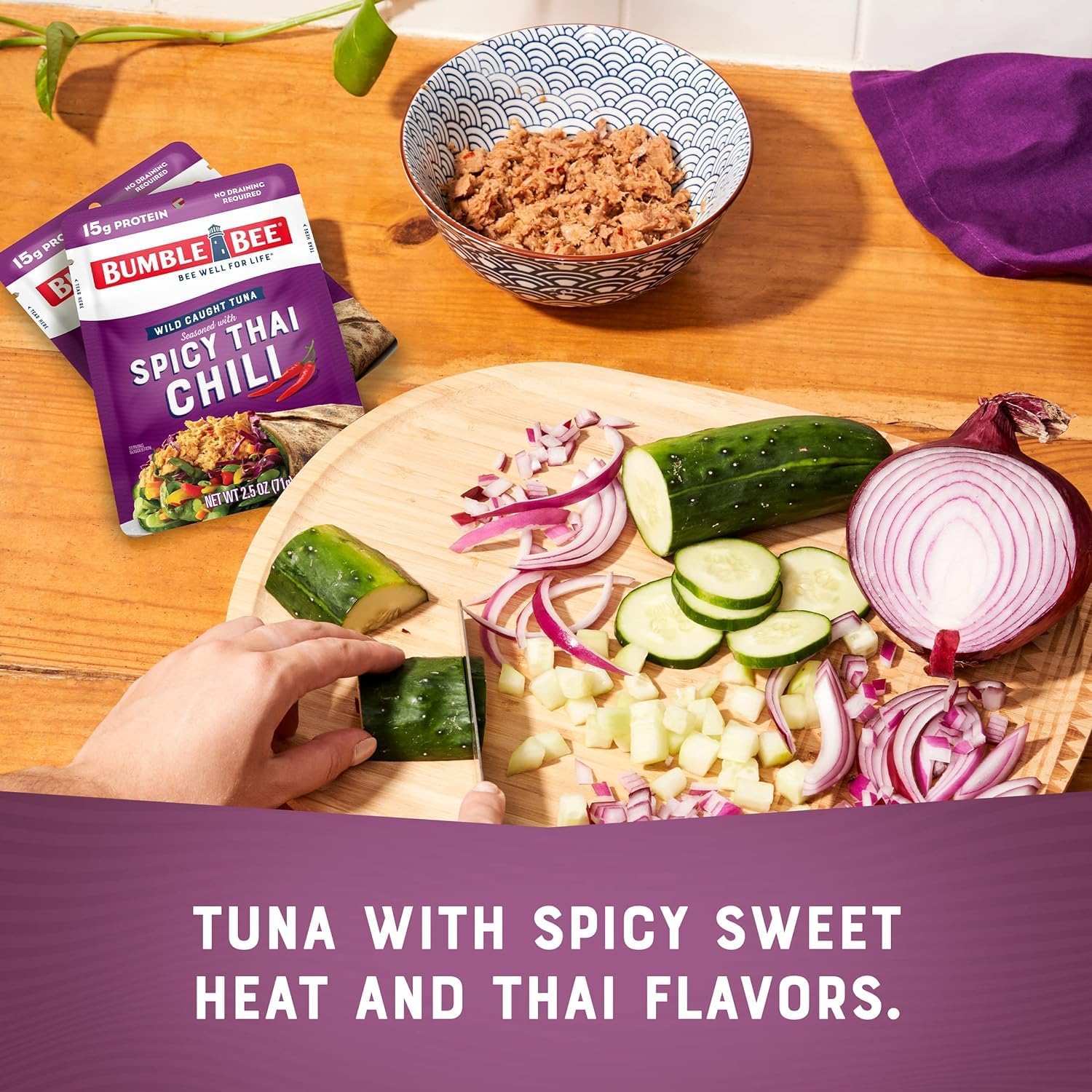 Bumble Bee Spicy Thai Chili Seasoned Tuna, 2.5 oz Pouches (Pack of 12) - Ready to Eat Wild Caught Tuna - High Protein 15g per Serving - Gluten Free & Non-GMO - Perfect for Lunches, Camping & Emergency Food Kits