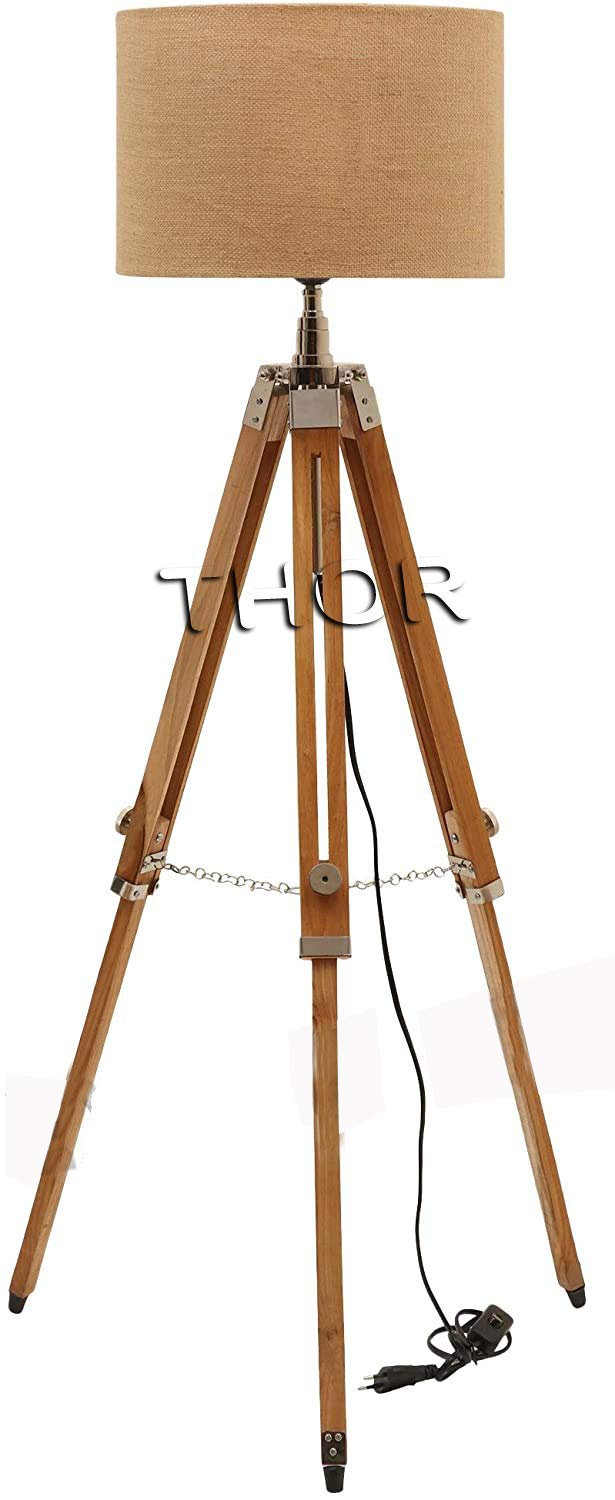 Vintage Teak Wood Tripod Floor Lamp with Nautical Shade - Rustic Home Decor Lighting for Living Room, Bedroom & Office (Shade Not Included) | Classic Coastal Style Gift Idea