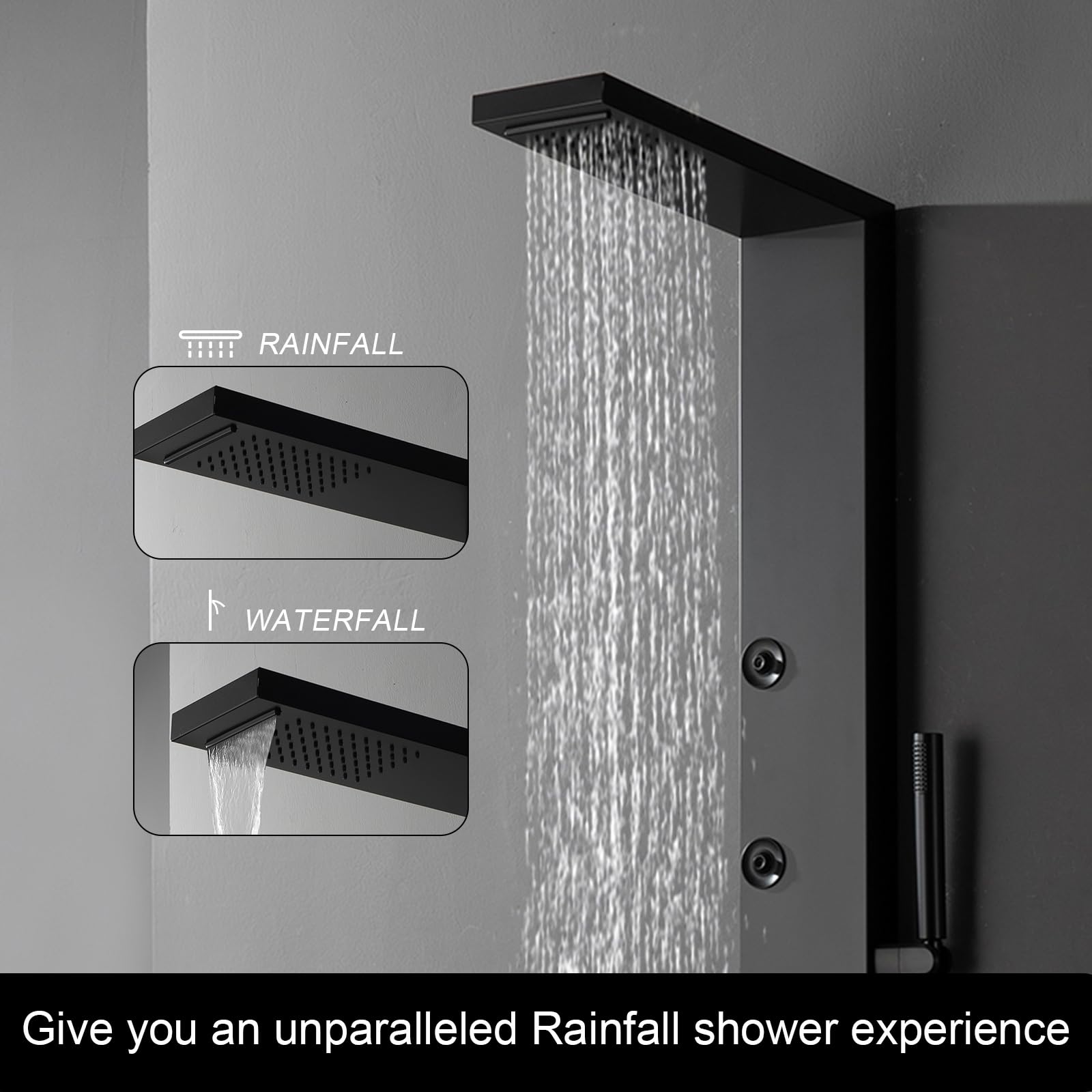 5-in-1 Stainless Steel Shower Panel System with Rainfall Shower Head, Waterfall & Body Jets - Matte Black Bathroom Fixture with Storage Shelf | Perfect for Spa-Like Experience & Modern Bathroom Upgrade
