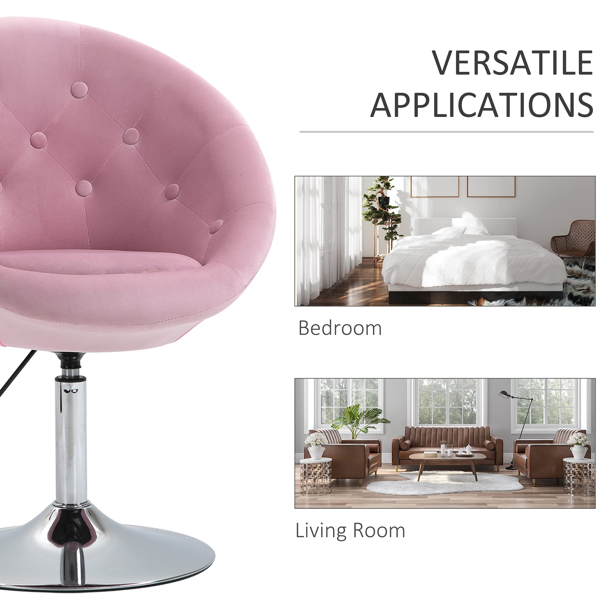 HOMCOM Modern Makeup Vanity Chair - Round Tufted Swivel Accent Chair with Chrome Frame, Height Adjustable - Pink Velvet Upholstery for Bedroom, Living Room, Dressing Room | Perfect for Makeup, Reading & Relaxing