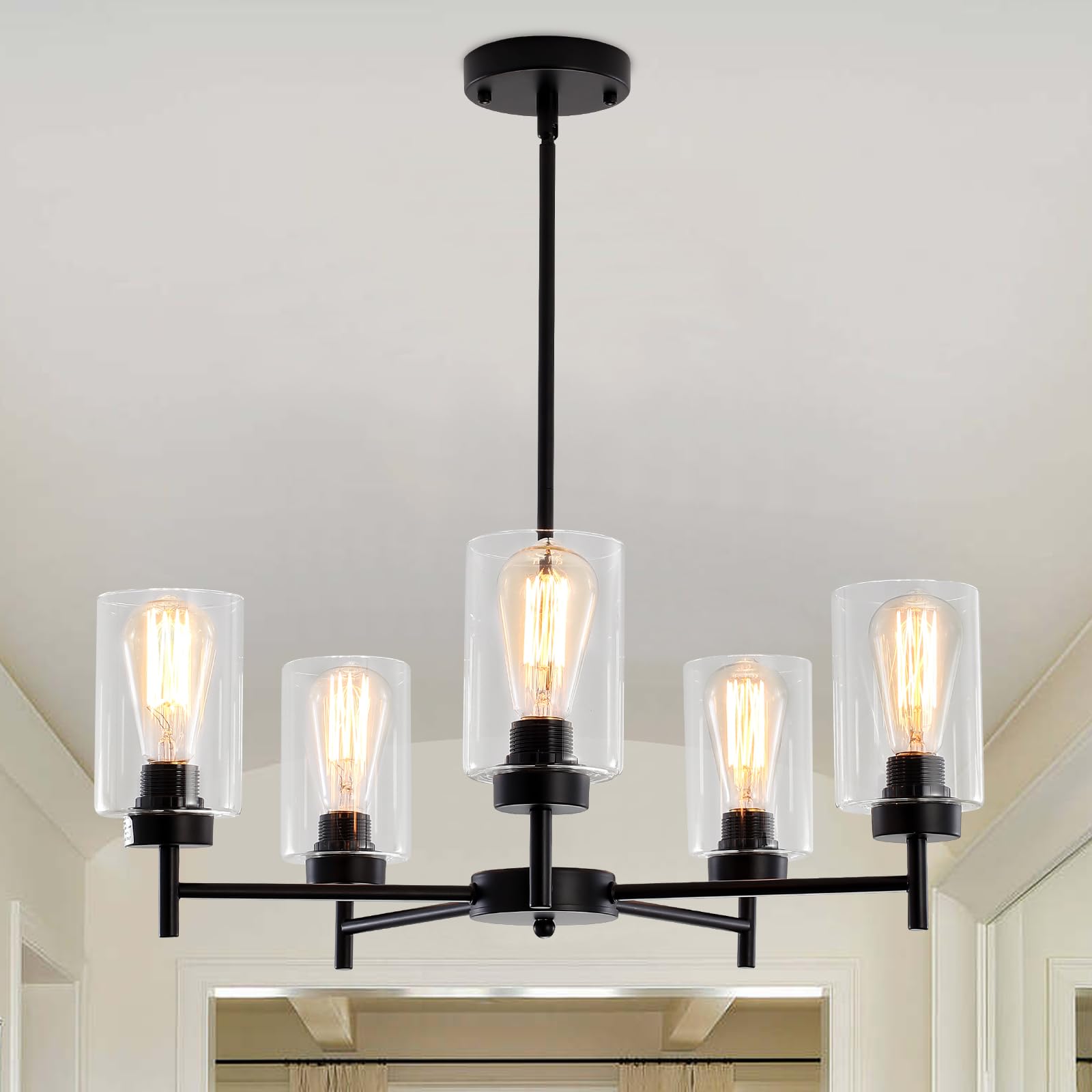 Black Farmhouse Chandelier - 5-Light Industrial Ceiling Pendant with Clear Glass Shades for Dining Room, Living Room, Bedroom, Kitchen & Foyer | Rustic Home Lighting Fixture for Modern Farmhouse Decor