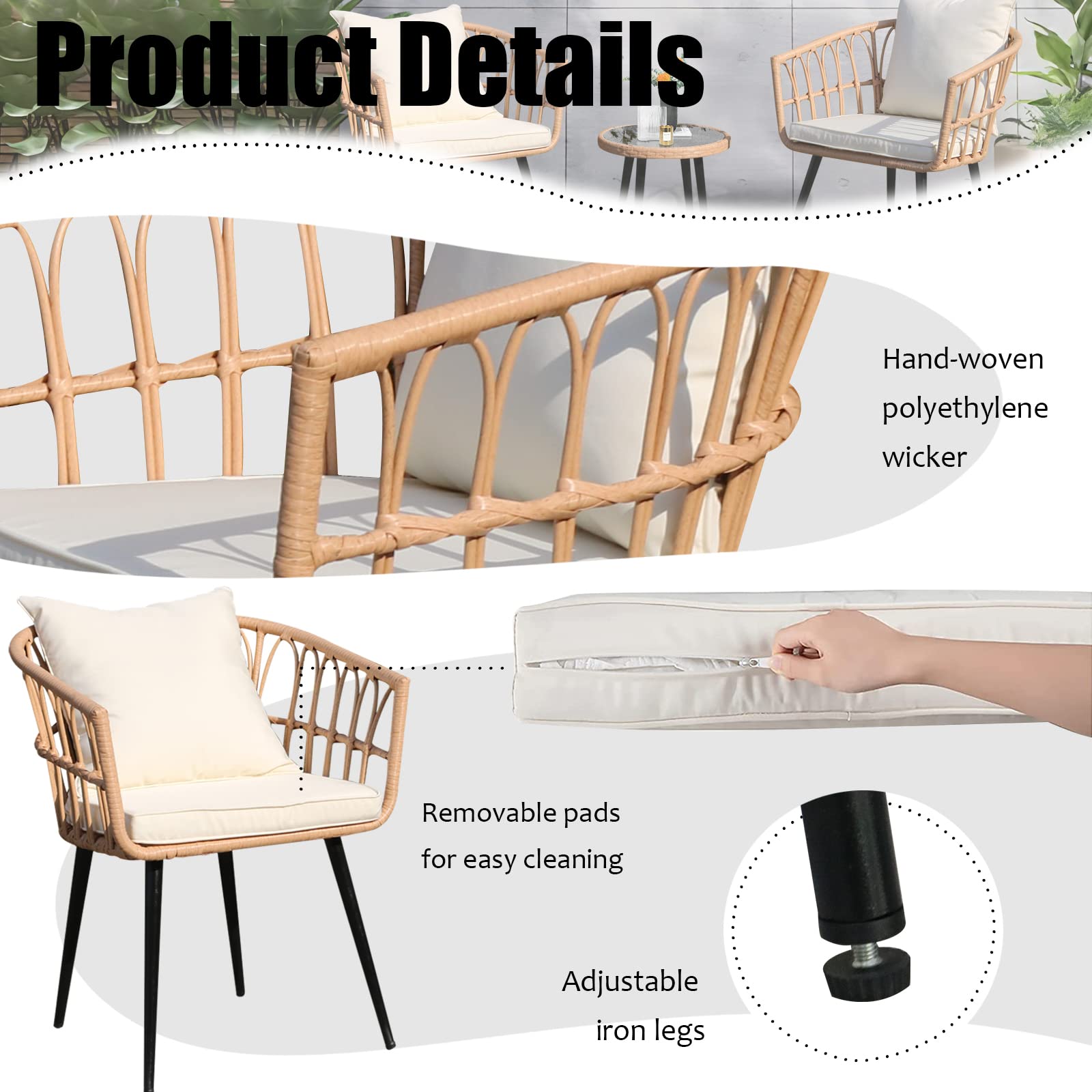 SoarFlash 3-Piece Outdoor Wicker Bistro Set with Coffee Table - Patio Conversation Chairs for Lawn, Garden, Backyard - Weather-Resistant Rattan Furniture for Relaxing Outdoors (Beige)