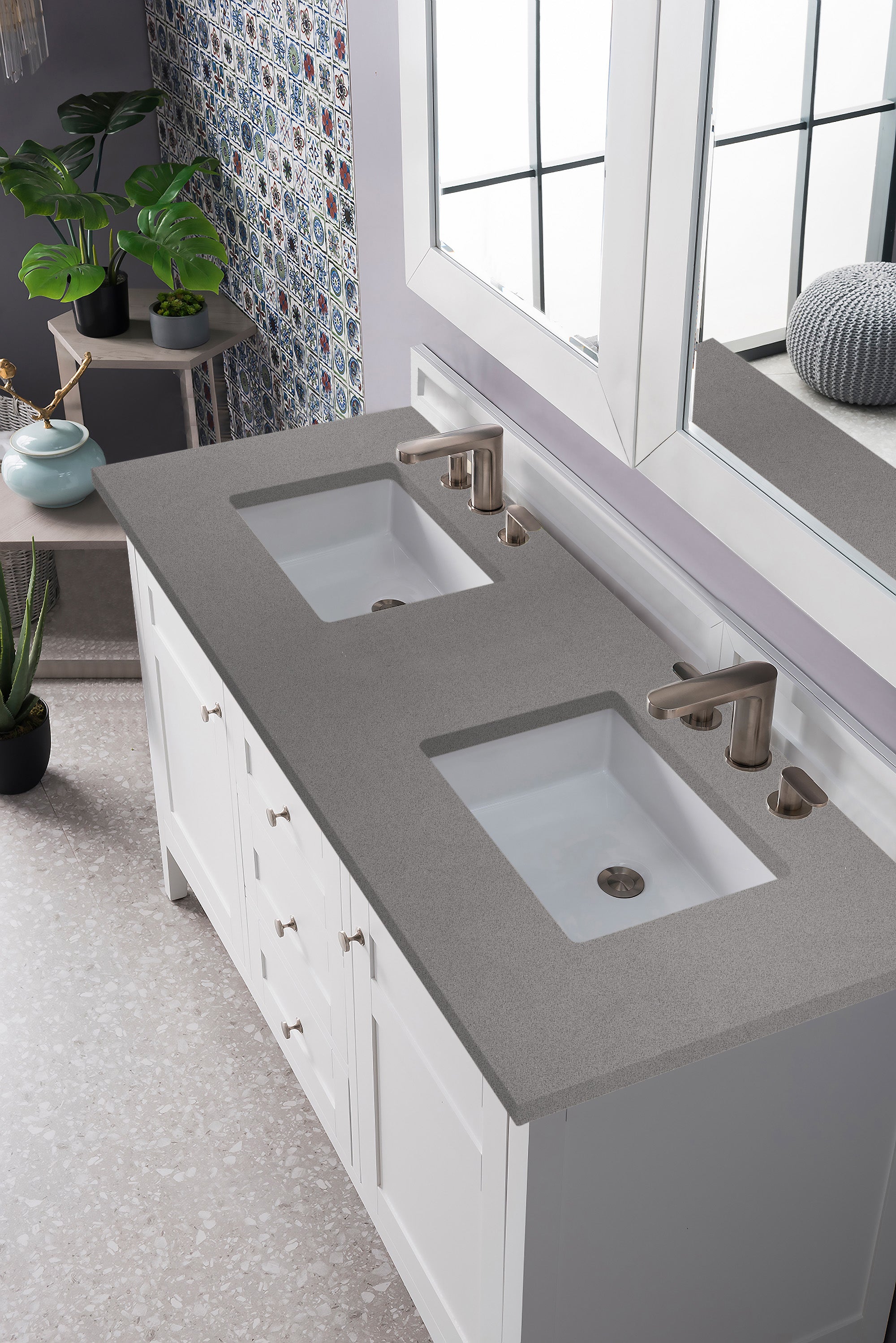 Palisades 60 Inch Double Vanity with 3CM Grey Expo Quartz Top - Bright White Bathroom Vanity Set for Modern & Luxury Master Bathroom Remodel