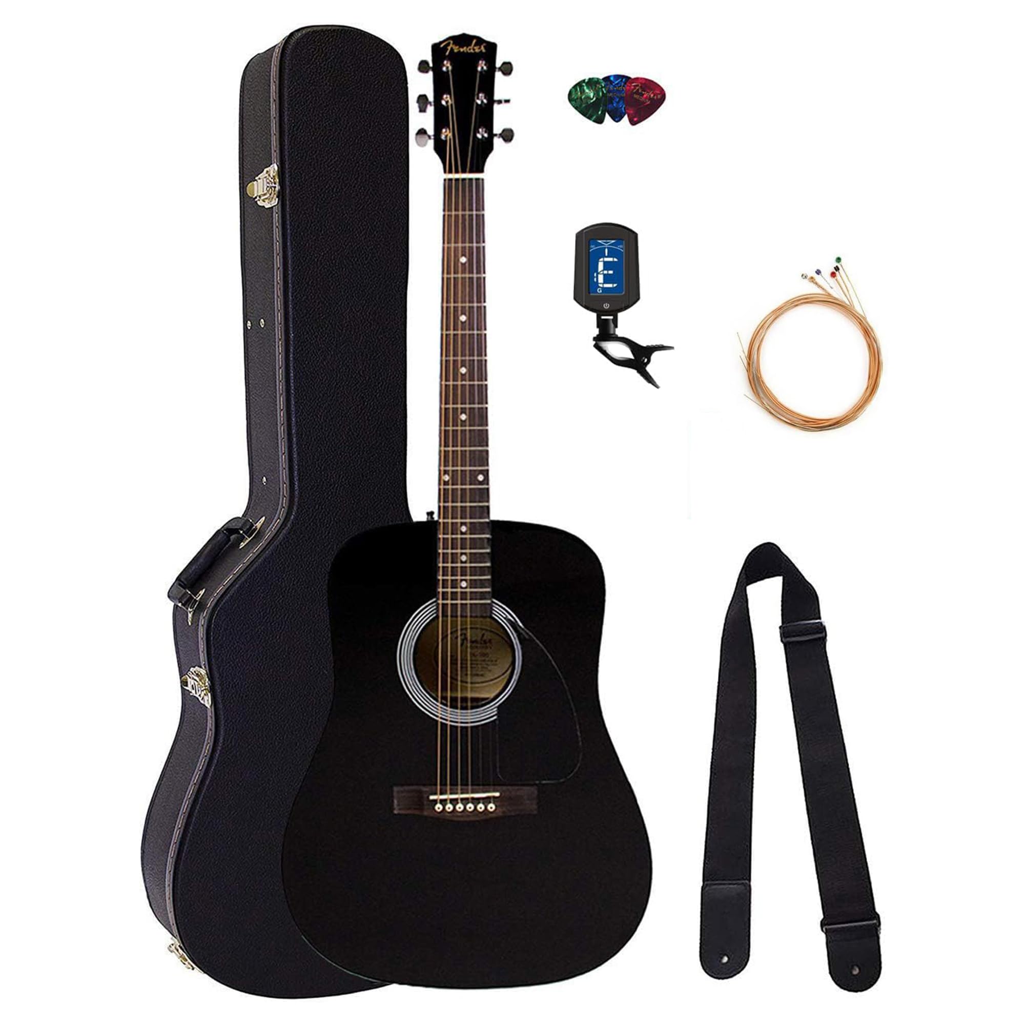 Fender FA-115 Dreadnought Acoustic Guitar Bundle - Black with Hard Case, Tuner, Strings, Strap & Picks | Perfect for Beginners, Campfire Jams & Live Performances