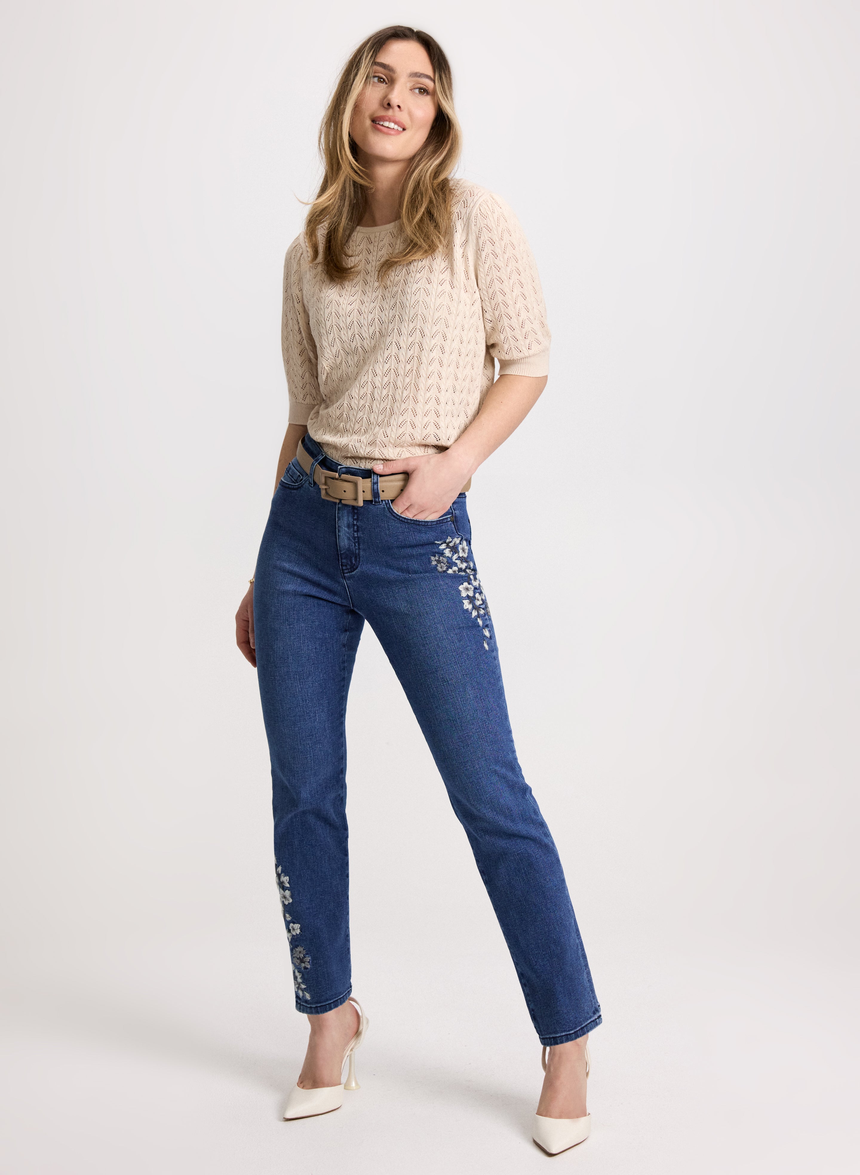 Women's Crew Neck Knit Pullover Sweater & Embroidered Straight Leg Jeans Set - Casual Comfort Outfit for Fall Winter Fashion, Date Night and Office Wear