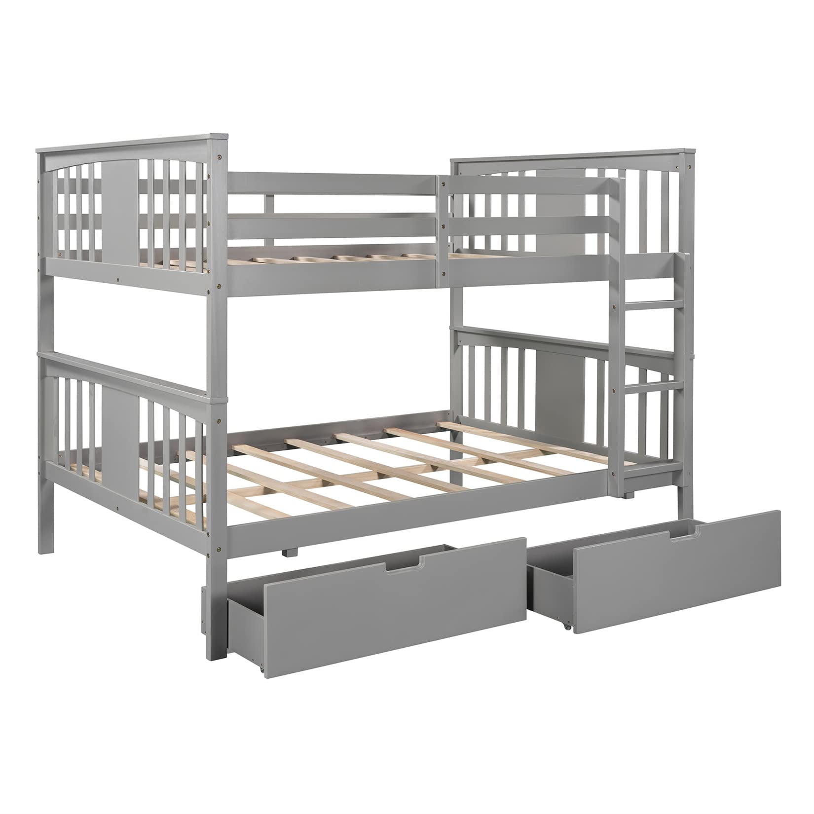 Full Over Full Bunk Beds with 2 Drawers for Kids Teens Adults - Detachable Wooden Bunk Bed Frame for Boys Girls Women Men in Gray - Perfect for Small Spaces, Guest Rooms & Shared Kids Bedrooms