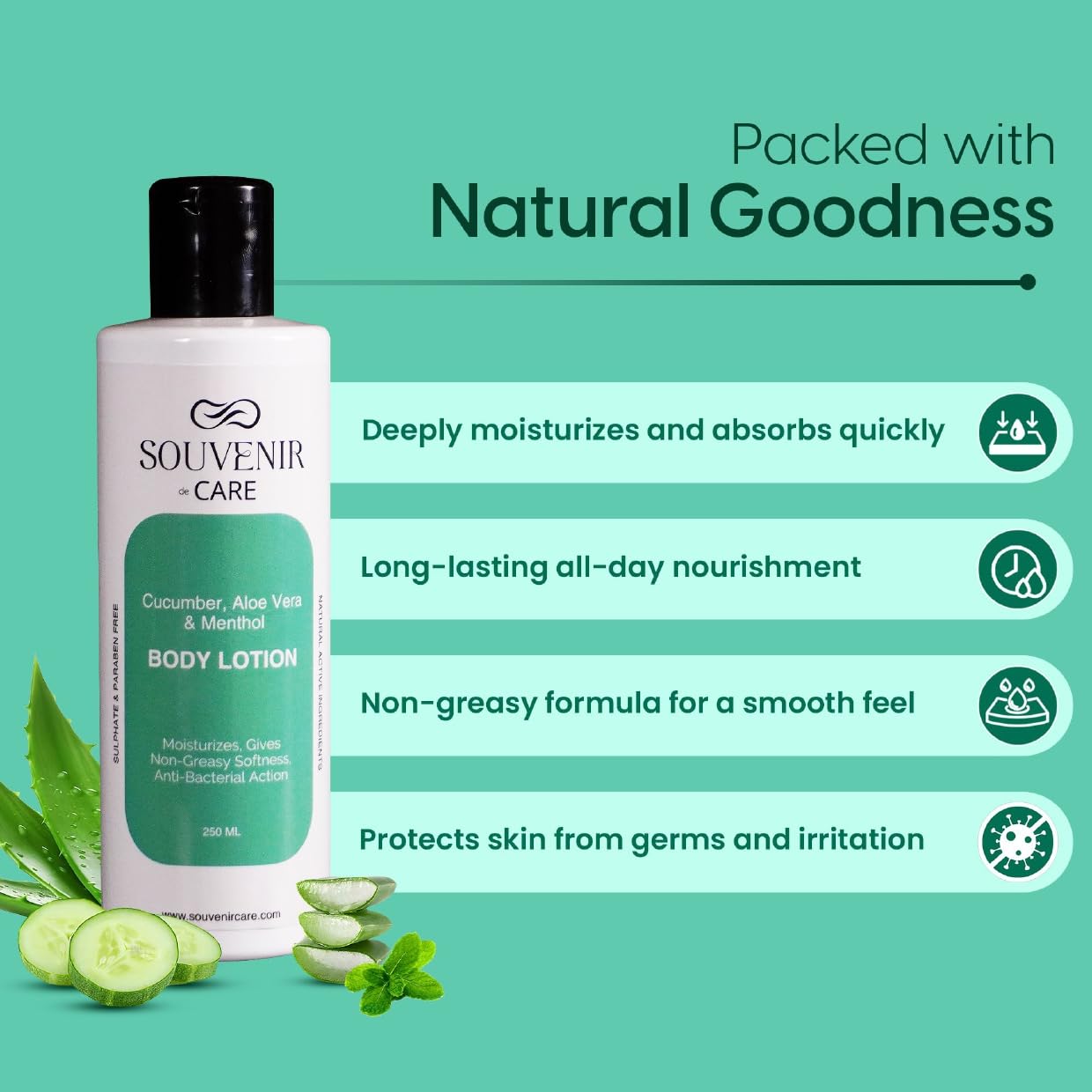 Souvenir De Care Cucumber Aloe Vera Menthol Body Lotion - Lightweight Daily Moisturizer for Smooth Soft Skin - Men & Women - 250ml - Perfect for Post-Shower Hydration & Summer Skin Care