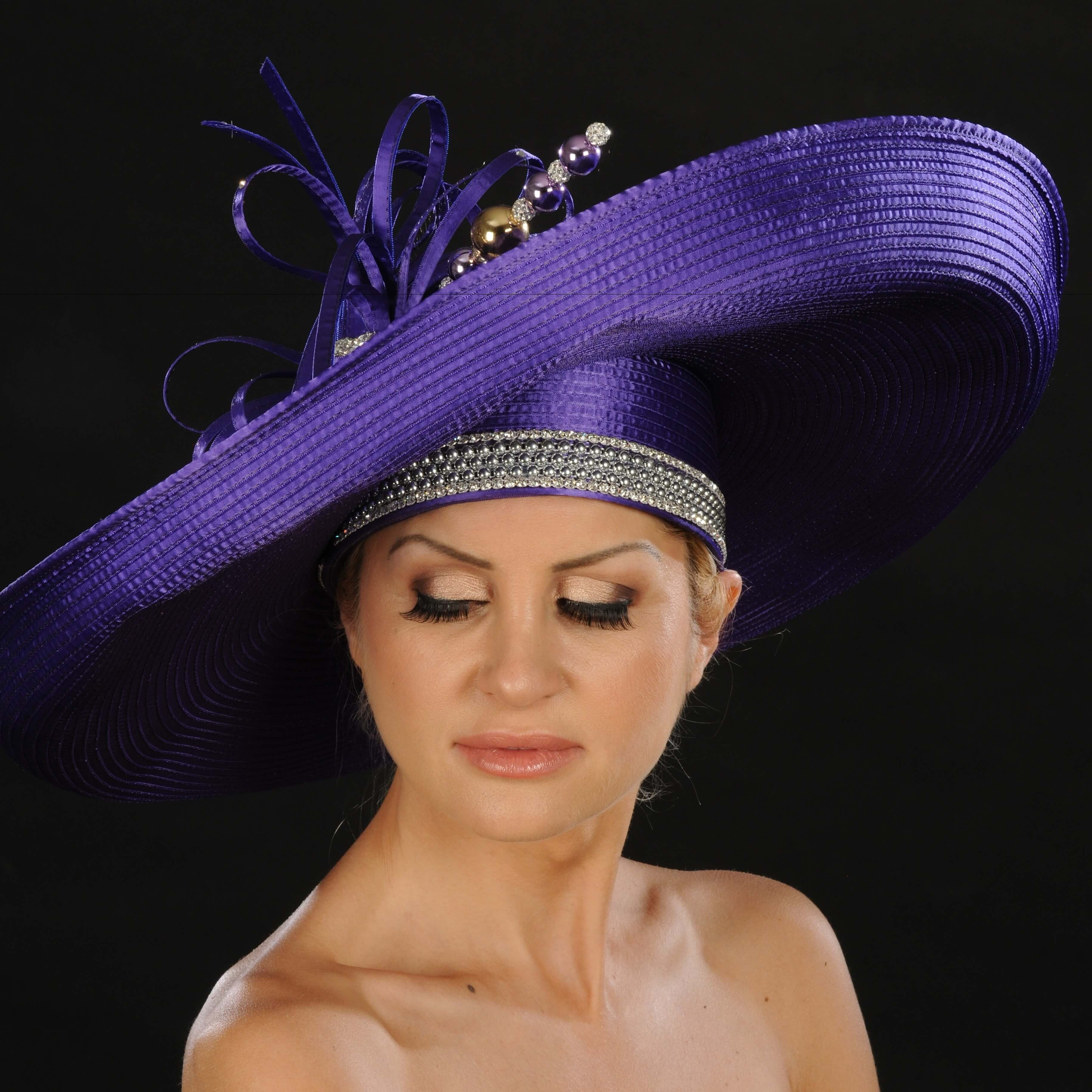 OE8014 Women's Purple Satin Wide Brim Sun Hat - Elegant Church, Wedding & Garden Party Accessory for Ladies