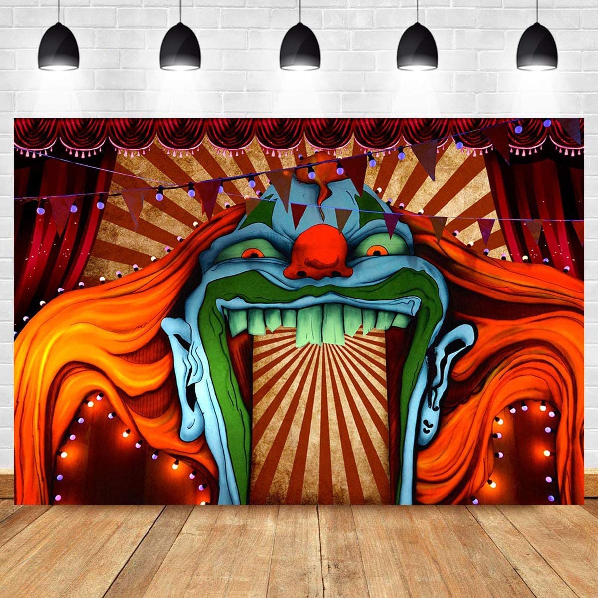 Scary Giant Clown Photography Backdrop - Red & White Stripe Carnival Photo Booth Background (7x5ft Vinyl) for Horror Circus, Haunted House & Halloween Party Decor | Studio Props, Halloween Banner & Party Supplies | Perfect for Spooky Events, Themed Parties & Photo Shoots