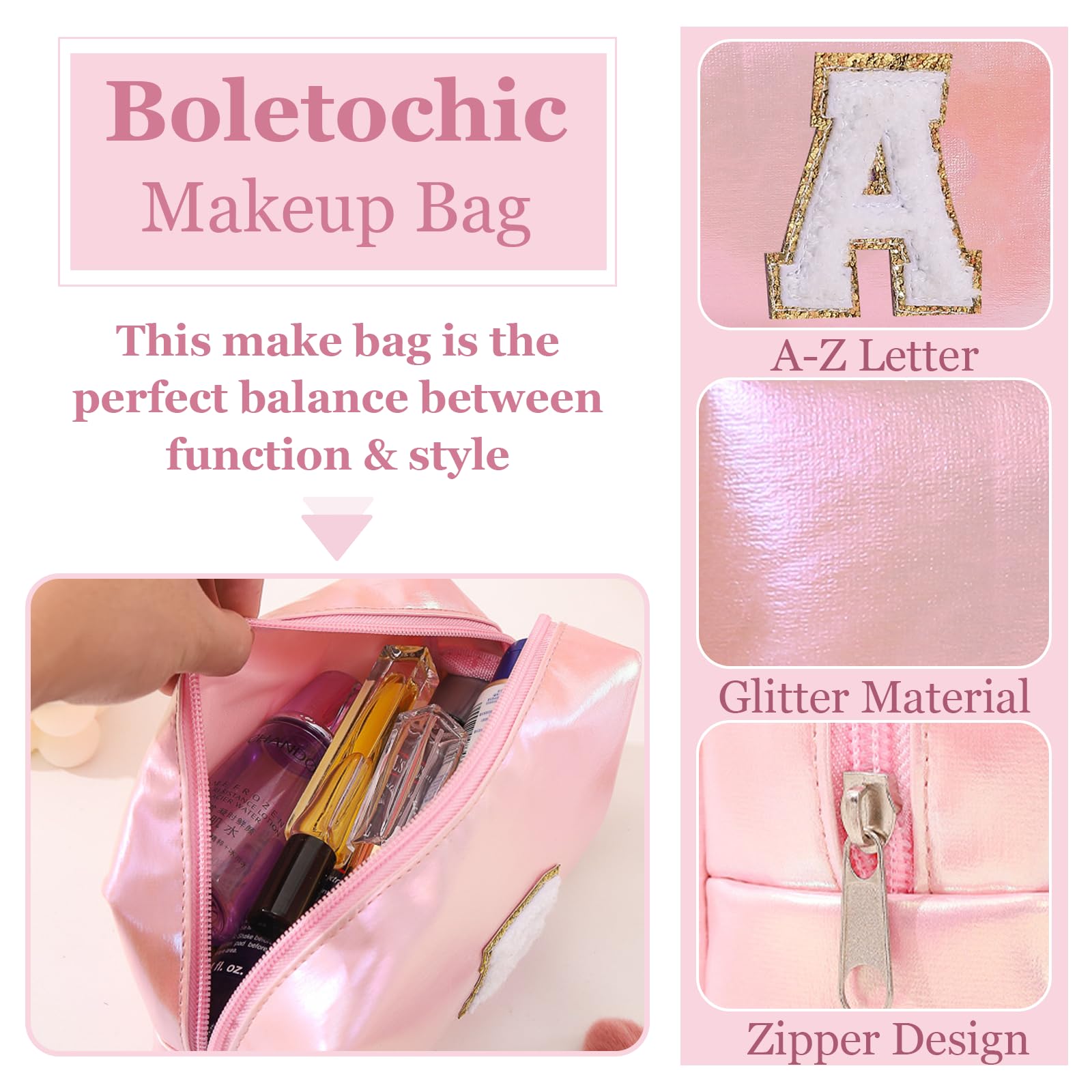 Personalized Initial Makeup Bag Letter A - Glitter Waterproof Cosmetic Pouch for Women, Cute Travel Makeup Organizer, Preppy Gift for Mother's Day, Birthday, Bridesmaids | Perfect for Travel, Gym, Daily Beauty Essentials