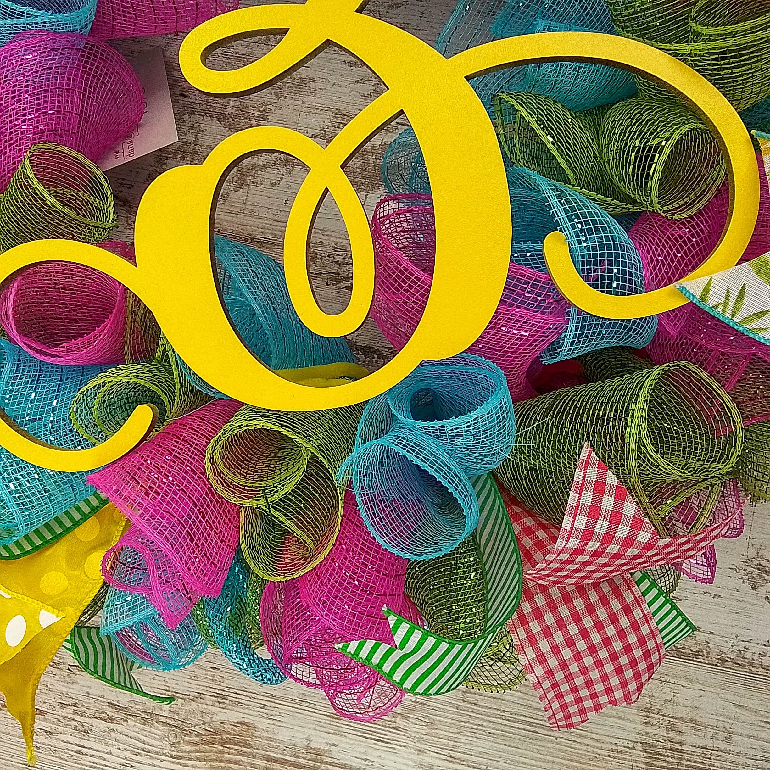 Personalized Summer Wreath - Custom Monogram Spring Door Wreath in Pink, Turquoise, Yellow & Green | Perfect for Front Door Decor, Porch Welcome Sign & Seasonal Home Decoration