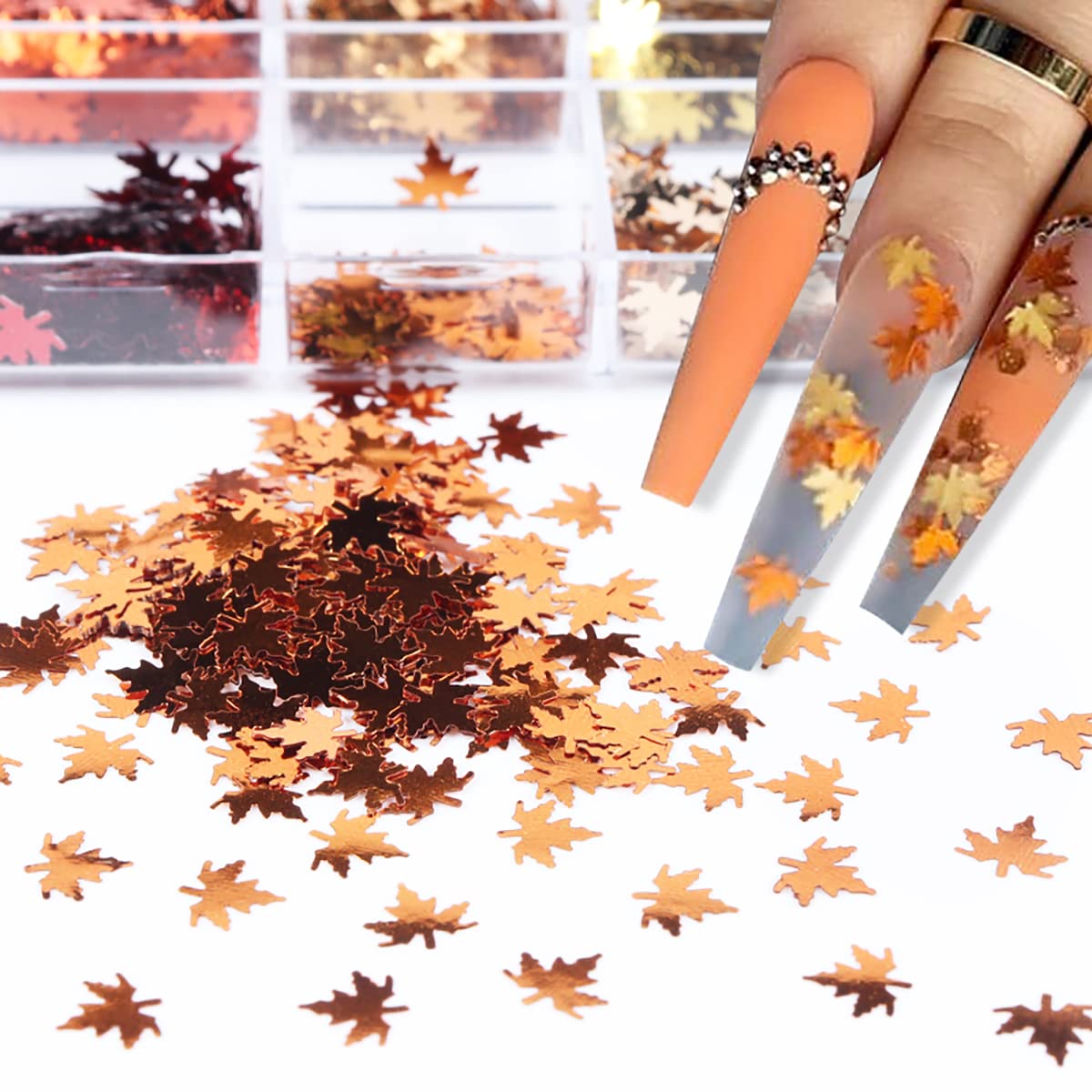 3D Maple Leaf Nail Glitter Sequins - 12 Grids Fall Nail Art Stickers (Holographic Laser Red/Gold/Yellow/Orange) - Autumn Thanksgiving Nail Decorations for DIY Manicure, Halloween & Holiday Parties