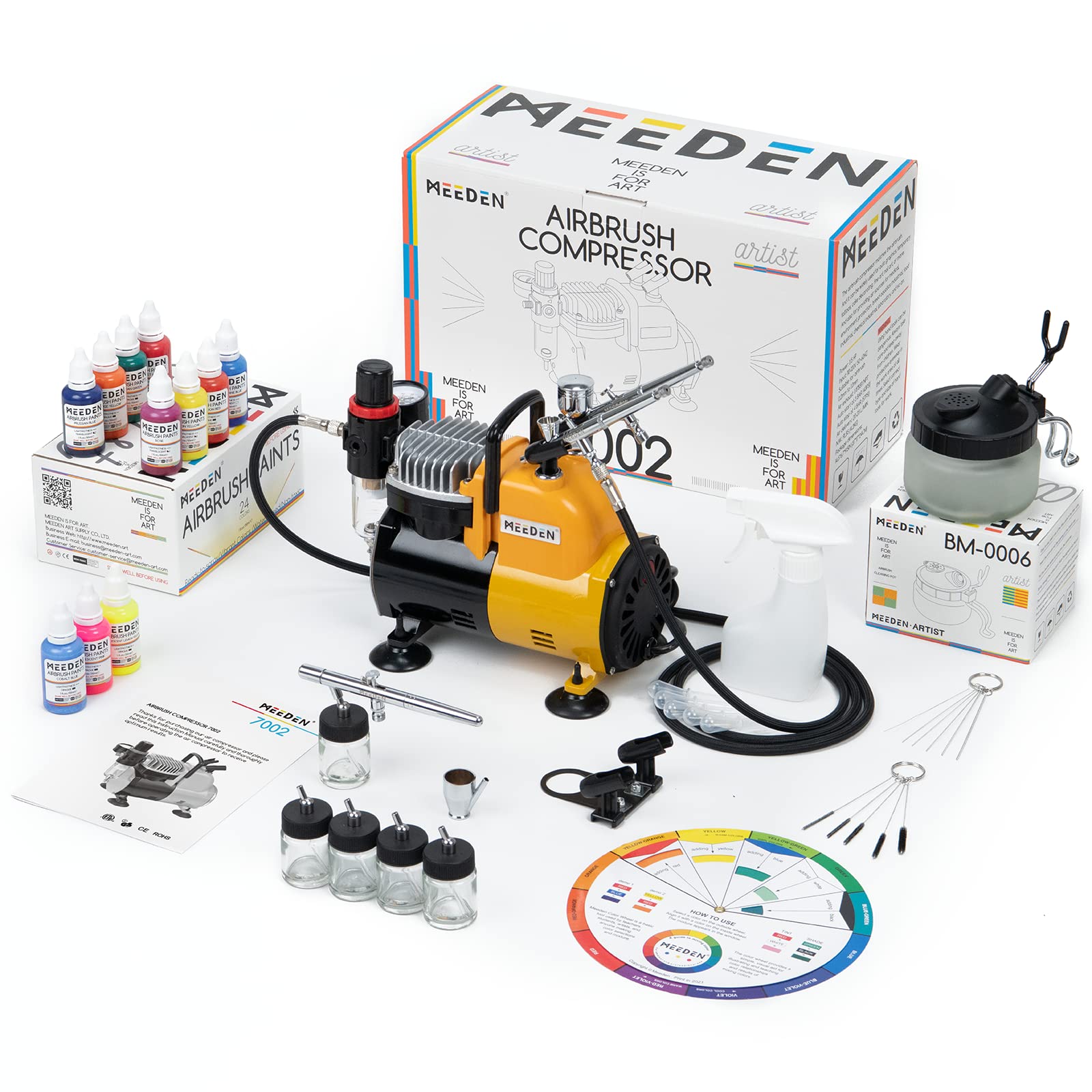 MEEDEN Airbrush Kit with Compressor - 1/5 HP Quiet Air Compressor, 3 Dual-Action Airbrush Guns & 24 Colors x 30ml Airbrush Paint Set for Model Painting, Cake Decorating, T-Shirt Design & DIY Crafts
