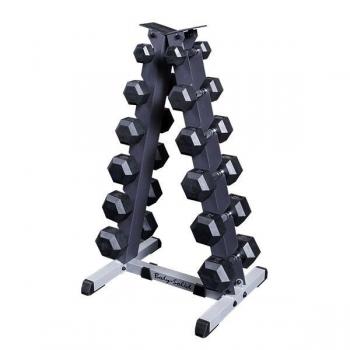 Body Solid 5-Pair 30lb Rubber Hex Dumbbell Set with Storage Rack - Perfect for Home Gym, Strength Training & Weightlifting Workouts