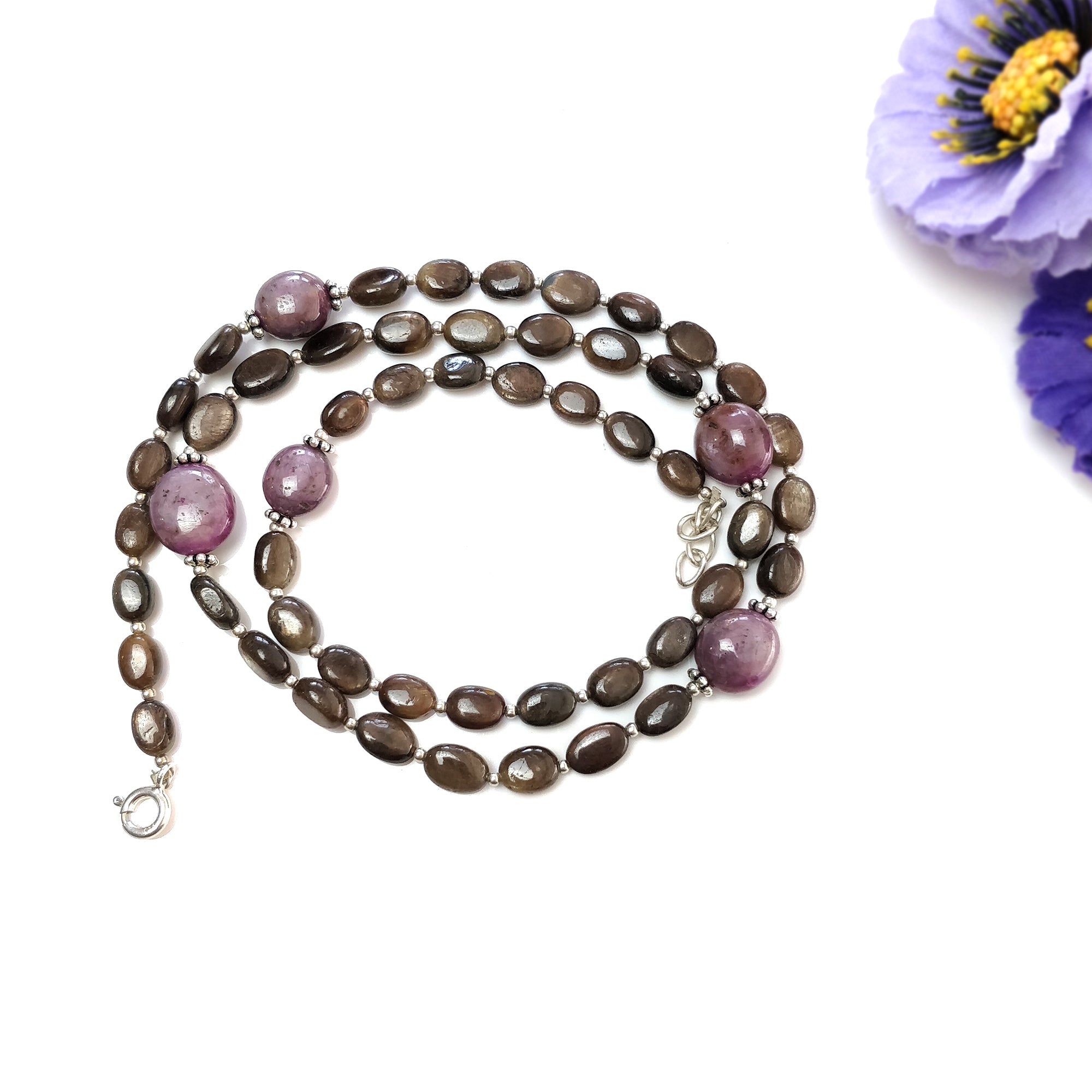 Natural Untreated Chocolate Sapphire & Star Ruby Gemstone Necklace - 111.25cts Oval Cut with 925 Sterling Silver (6*5mm & 11*10mm) | Elegant Jewelry Gift for Women, Birthday, Anniversary & Special Occasions