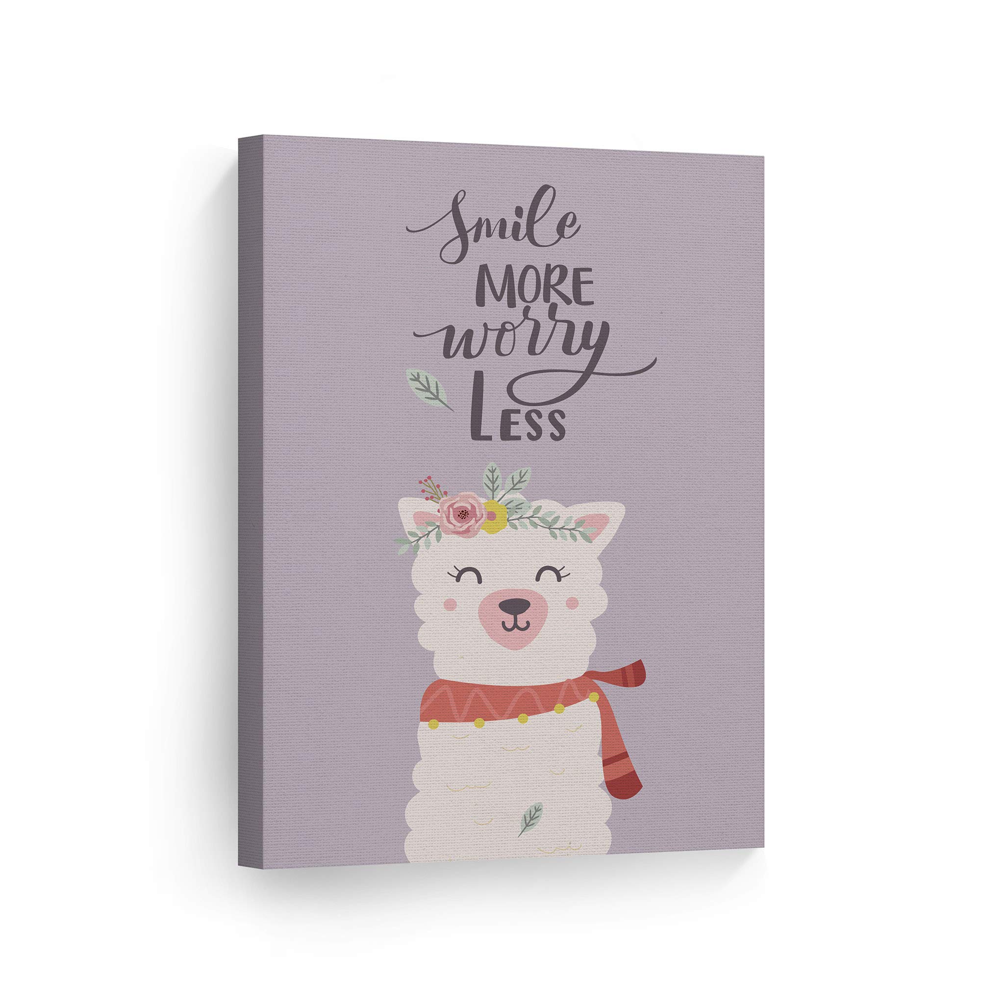 Smile Art Design 'Smile More Worry Less' Cute Alpaca Wall Art - Purple Background Canvas Print for Kids Room, Nursery & Baby Room Decor - Ready to Hang 36x24 Inches - Made in USA | Perfect for Bedroom, Playroom & Children's Gift