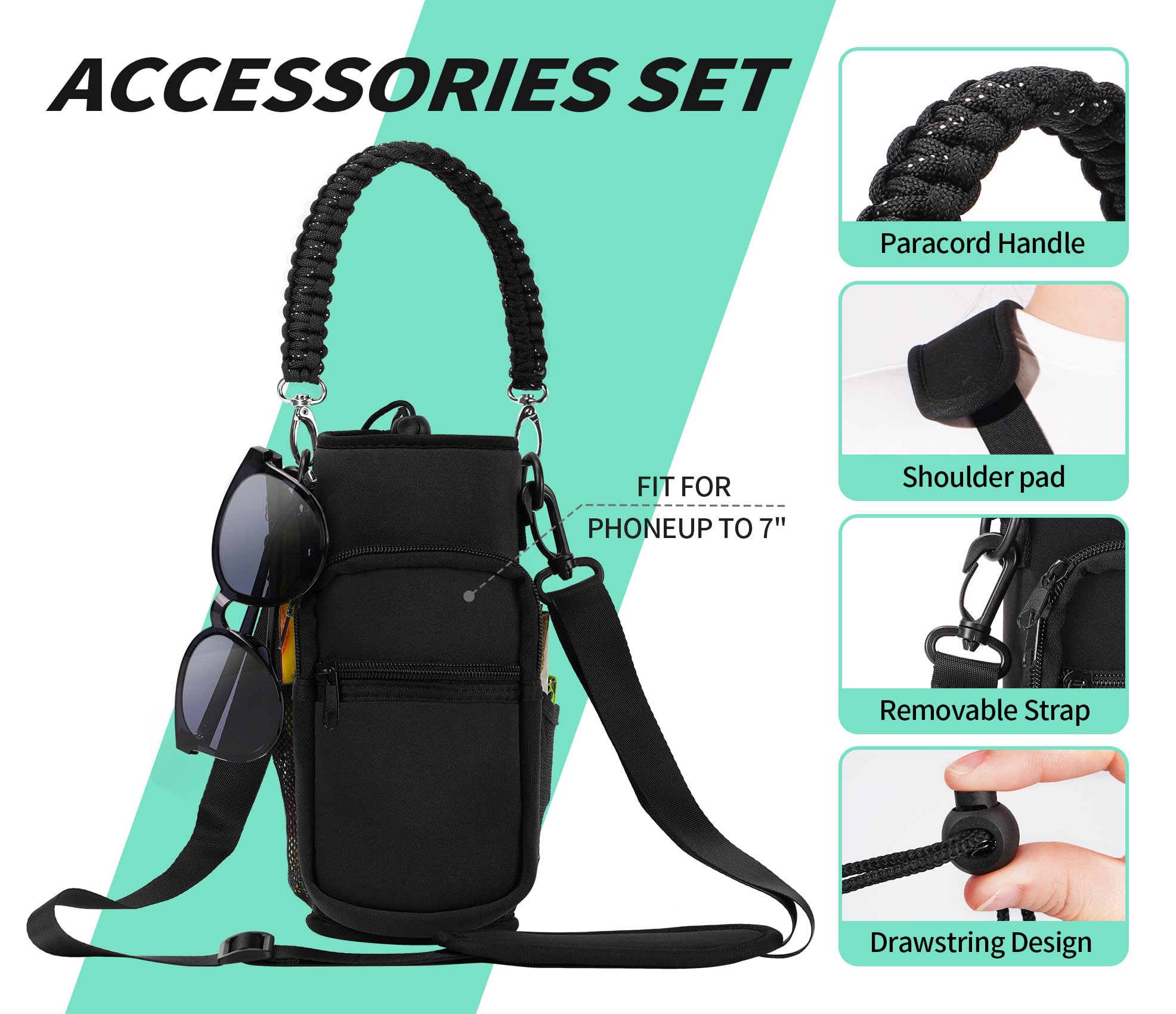 32/40/64/87/128 oz Insulated Water Bottle Carrier Bag - Neoprene Bottle Sleeve with 4 Pockets & Adjustable Shoulder Strap - Sport Water Holder with Paracord Handle for Hiking, Camping, Gym & Outdoor Activities - Perfect for Workouts, Travel & Daily Hydration