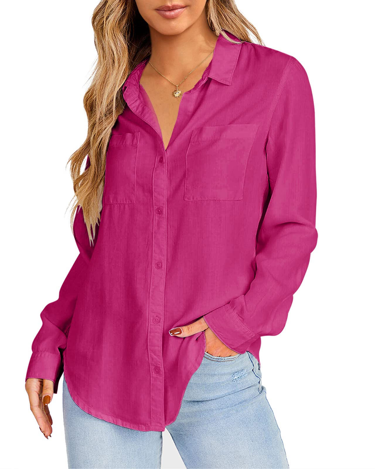 Nulibenna Women's 100% Cotton V-Neck Button Down Shirt - Long Sleeve Casual Blouse with Pocket for Office, Business & Summer Wear | Professional Work Tops & Everyday Comfort