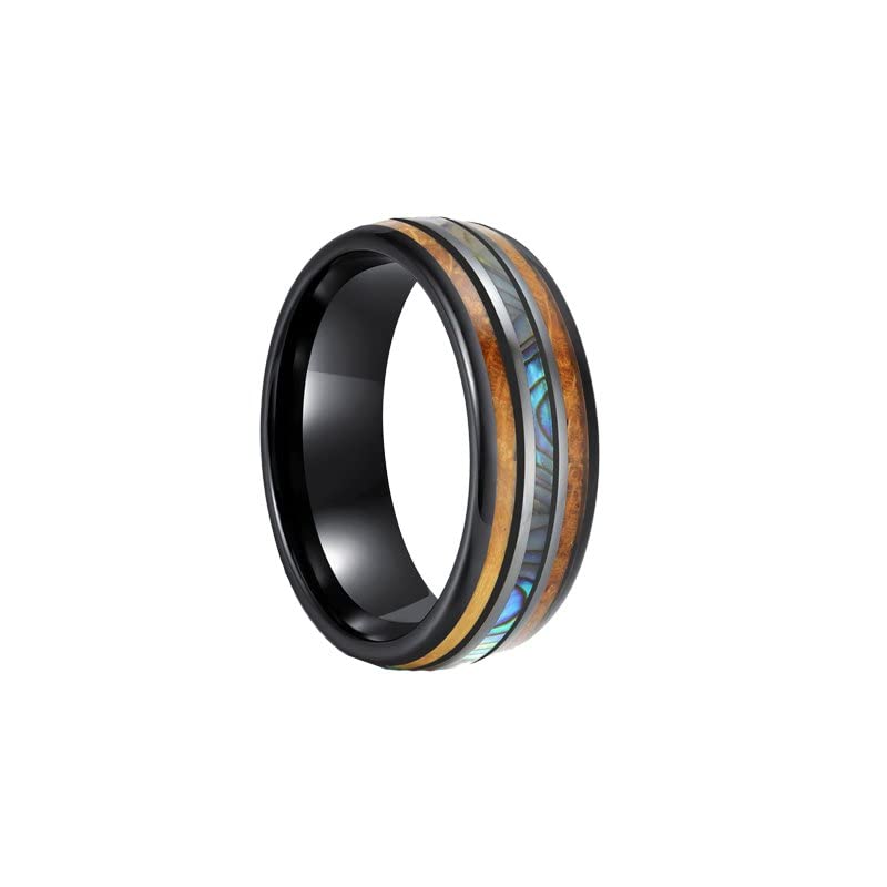 Premium Abalone & Koa Wood Inlay Tungsten Wedding Band for Men - 8mm Comfort Fit Black Ring - Unique Anniversary Gift for Him - Perfect for Tropical Weddings, Beach Proposals & Romantic Occasions