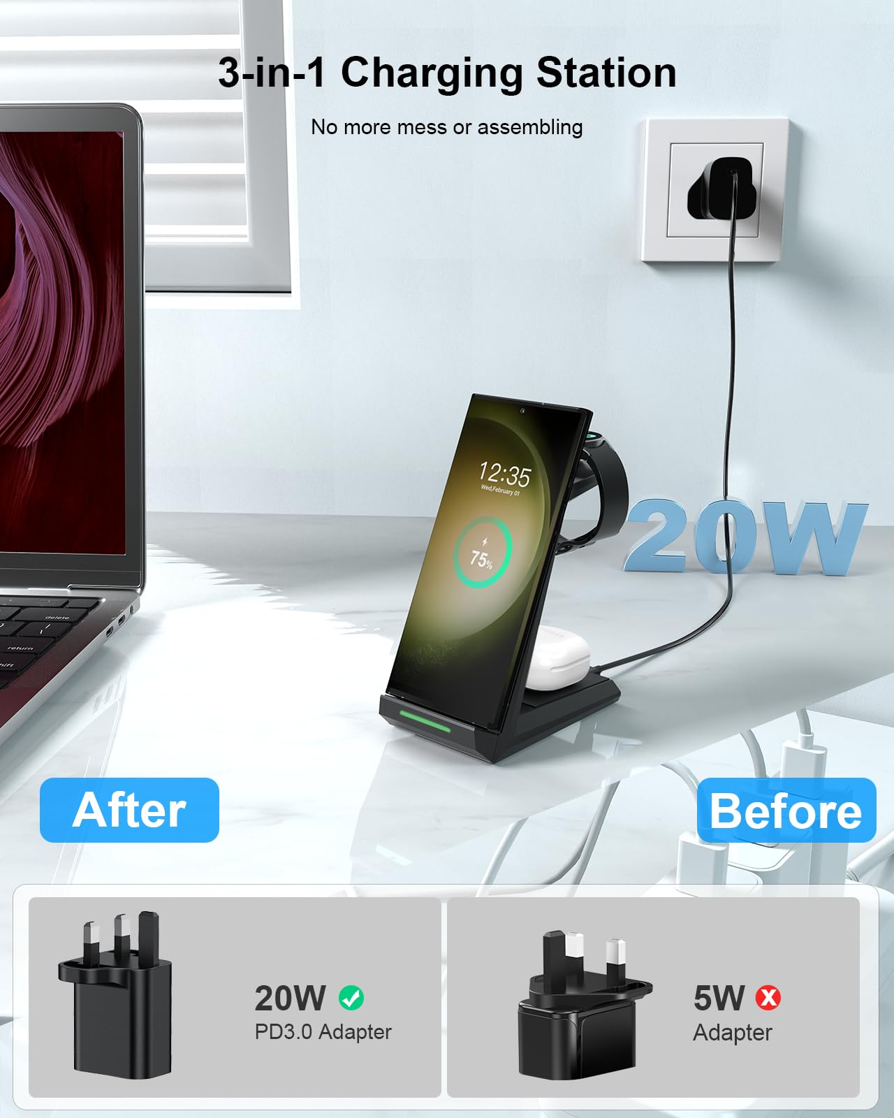 NANAMI 3-in-1 Wireless Charging Station for Samsung Galaxy S25 Ultra/S24/S23/Z Fold/Flip 5, Fast Qi-Certified Charger Stand for Phone, Galaxy Buds & Watch 7/6 - Perfect for Bedside, Office & Travel Use