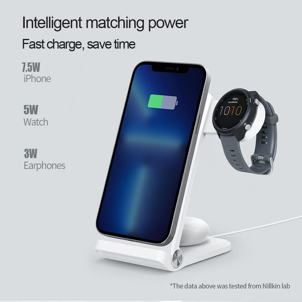 Nillkin 3-in-1 Foldable Magsafe Wireless Charging Station for Garmin Watch (Instinct Fenix 7/7S, Forerunner 245/745/945, Vivoactive) & iPhone 16/15/14/13/12 & AirPods 2/3/Pro - Portable Travel Charger Stand for Home, Office, and Car Use