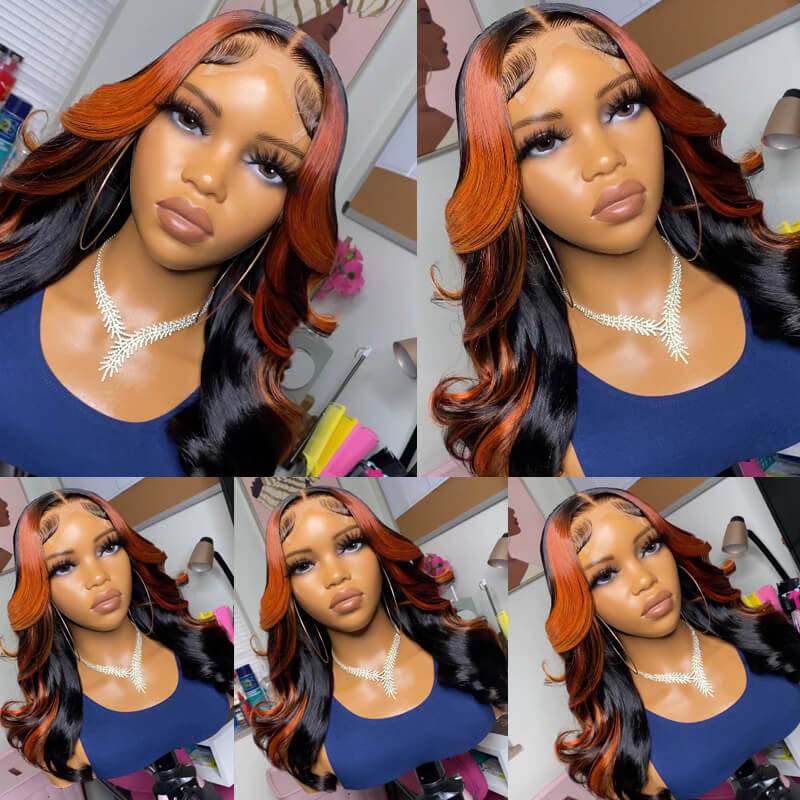 Eullair Ginger Orange Skunk Stripe Body Wave Human Hair Wig with Piano Color Highlights & Lace Frontal - Perfect for Cosplay, Costume Parties, and Daily Fashion Styling