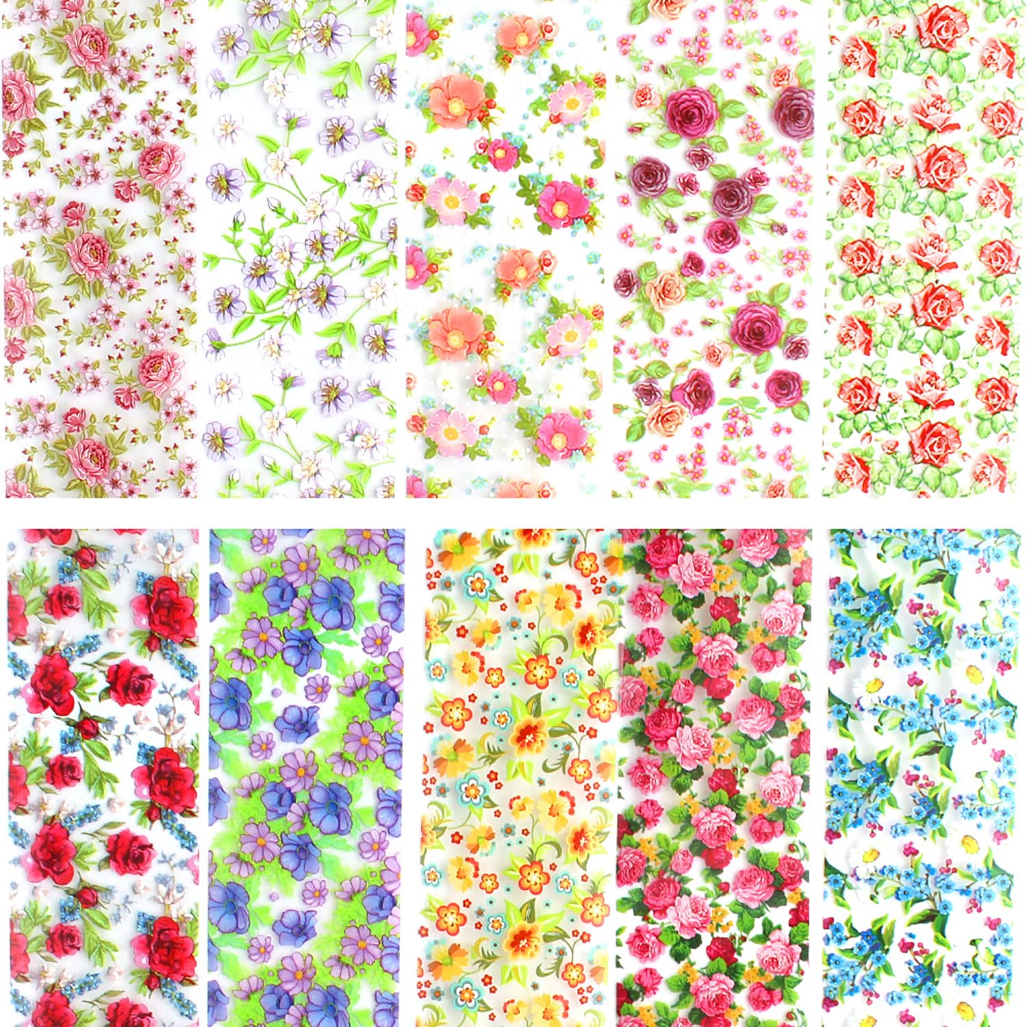 Holographic Floral Nail Foil Wraps - 10 Rolls DIY Nail Art Stickers & Decals for Manicure (39.3 Inch Length) - Perfect for Salon, Home Nail Design & Party Nail Decoration