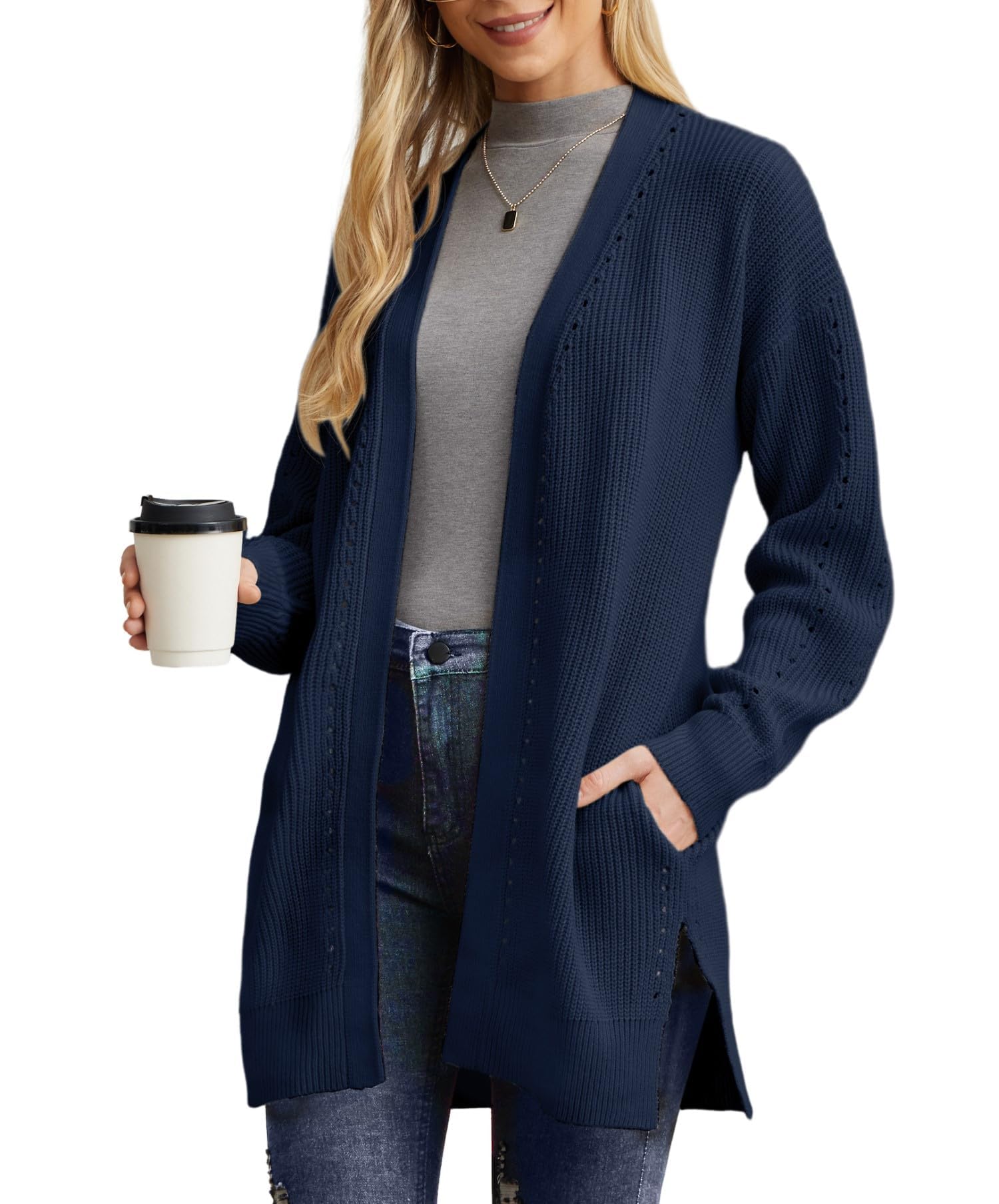 PrinStory Women's Long Knit Cardigan with Pockets - Oversized Open Front Soft Warm Boyfriend Style Sweater | Perfect for Casual Outfits, Office Wear & Cozy Home Lounging