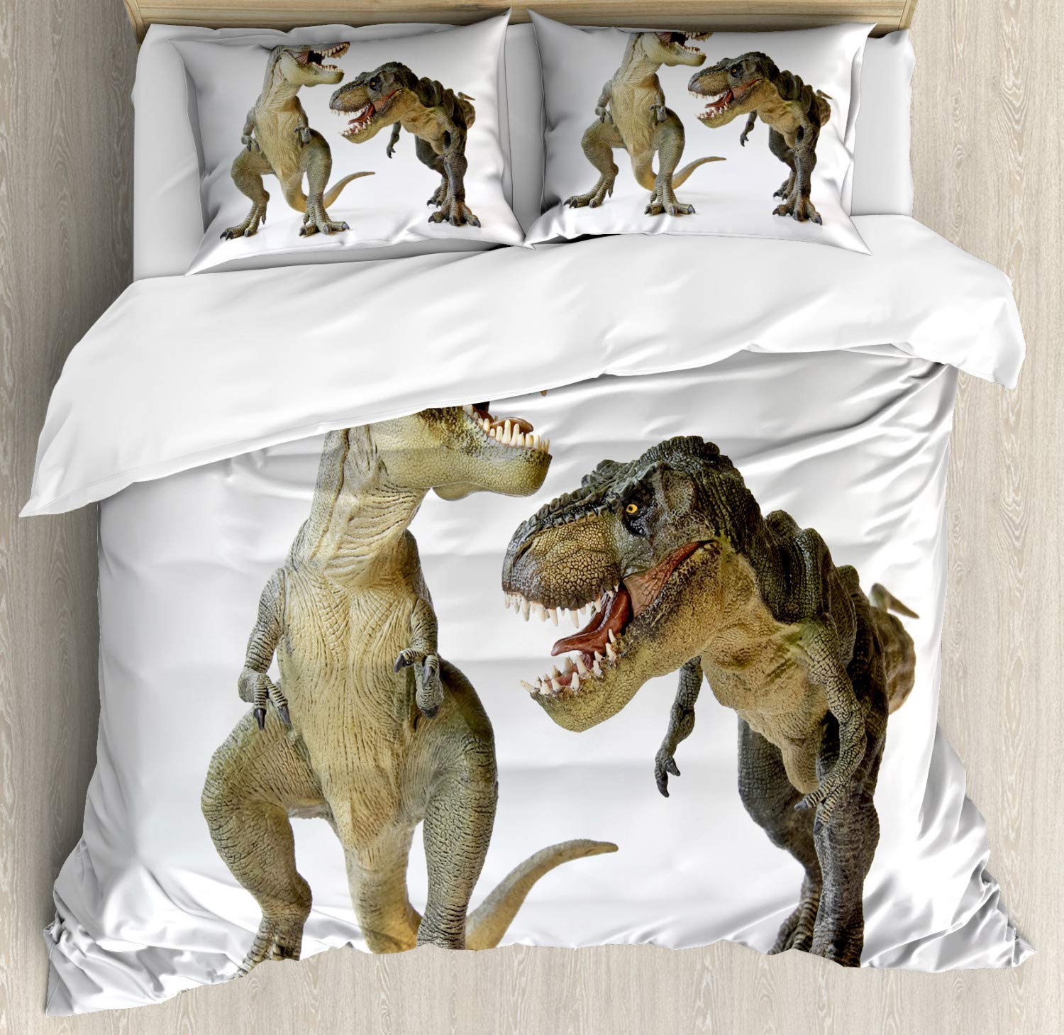 Ambesonne Dinosaur Duvet Cover Set - King Size 2 Pack with 2 Duvet Covers & 4 Pillowcases, T-Rex Dinosaur Battle Design in Brown & Ivory - Perfect for Kids' Bedroom, Dinosaur Themed Nursery, or Jurassic Decor Lovers