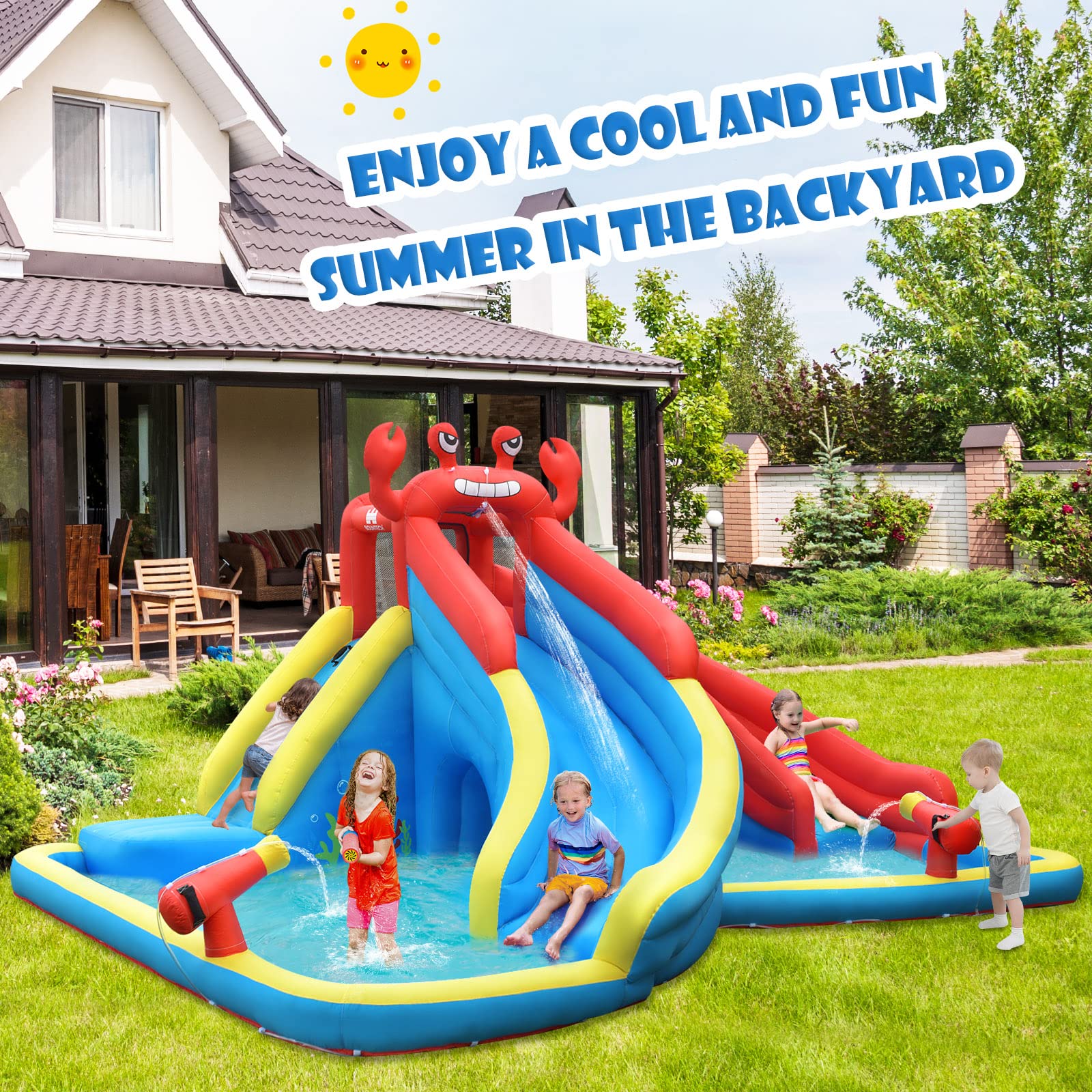 BOUNTECH Inflatable Crab Water Slide for Kids - Dual Racing Slides, Climbing Wall & Hide & Seek Cave - Outdoor Blow Up Water Park for Backyard Parties, Summer Fun & Toddler Play - Perfect for Birthdays, BBQs & Family Gatherings