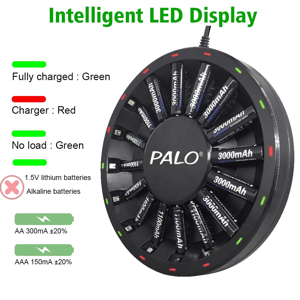 16 Bay AA AAA Battery Charger for NiMH NiCd Rechargeable Batteries - Fast Independent Charging with LED Indicators & AC Adapter (Green/Red) - Perfect for Home, Office, and Emergency Power Supply