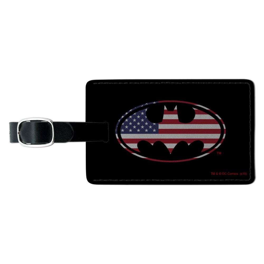 Batman USA American Flag Shield Logo Rectangle Leather Luggage Tag - Durable ID Card Holder for Travel Bags, Suitcases & Backpacks - Perfect for Superhero Fans & Patriotic Travelers