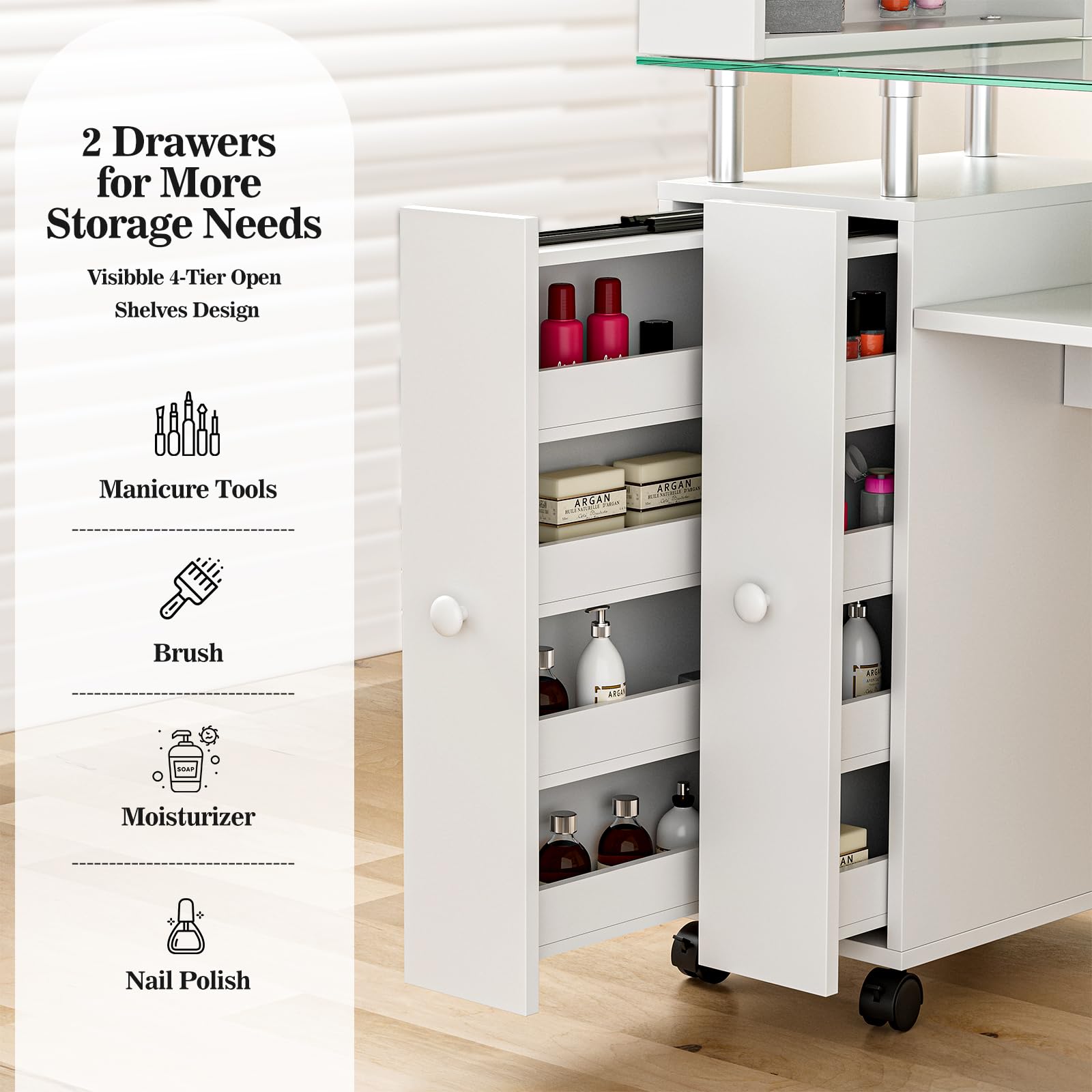 Premium Glass Top Nail Tech Table with Storage Drawers & Lockable Wheels - Professional Manicure Station with Wrist Cushion, Shelves & Ceramic Handles (White) - Perfect for Salon, Spa & Home Nail Care Business