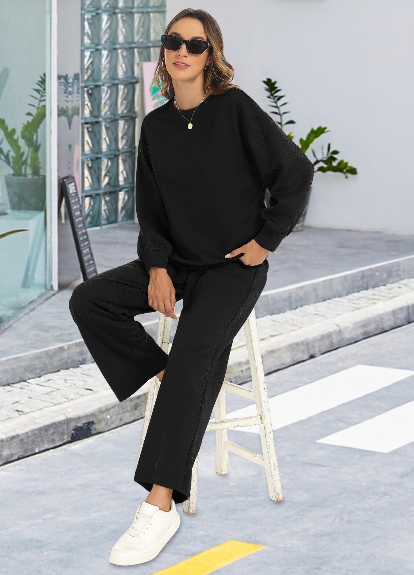 Women's 2-Piece Fall Outfit Set - Long Sleeve Pullover Top & Drawstring Wide Leg Pants Soft Lounge Wear for Casual Comfort | Perfect for Home, Travel & Relaxation