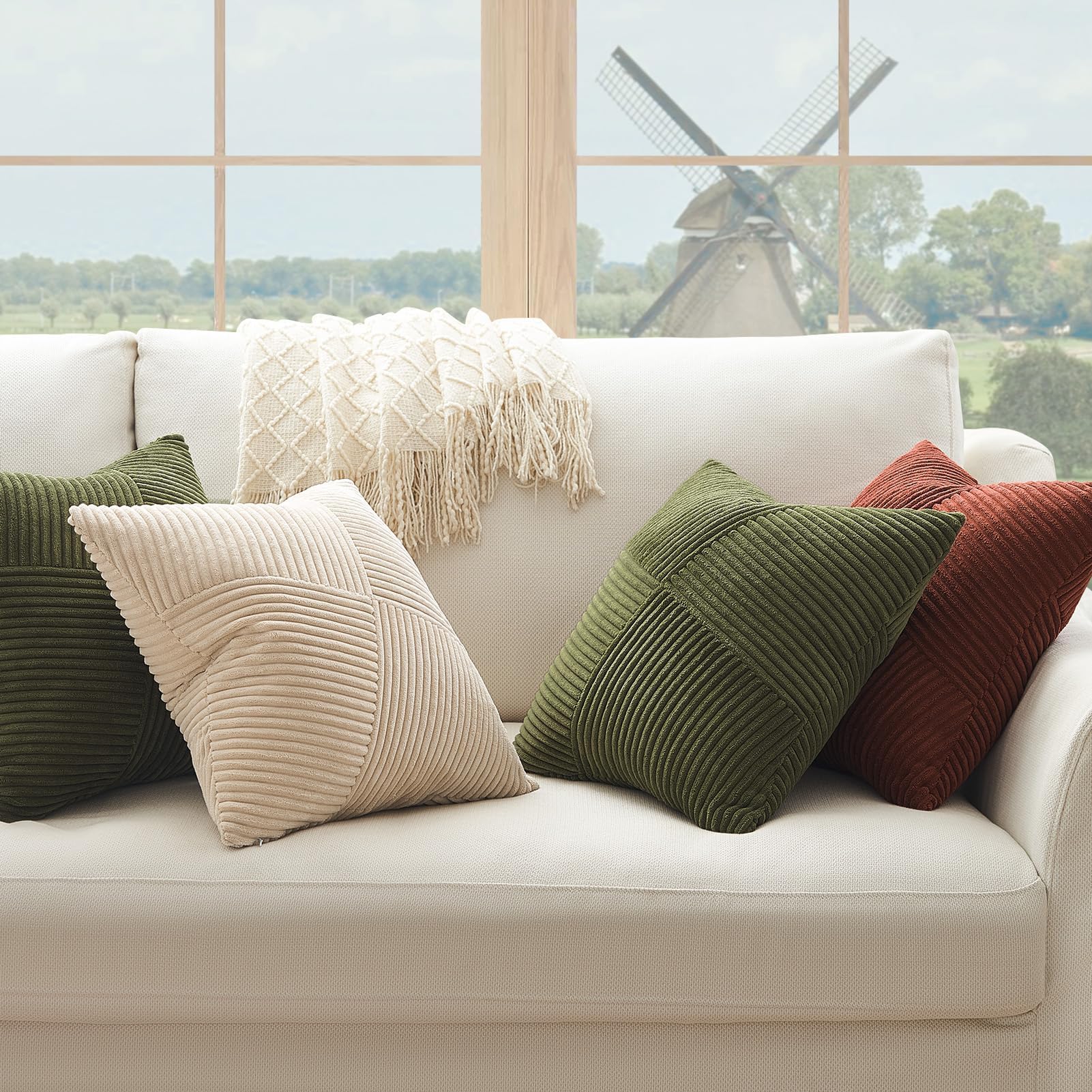Topfinel Olive Green Decorative Throw Pillow Covers Set of 2 - 18x18 Inches (45x45 cm) Soft Corduroy Striped Patchwork Cushion Cases for Couch, Bed, Sofa - Boho Aesthetic Home Decor - Perfect for Living Room, Bedroom & Cozy Reading Nook