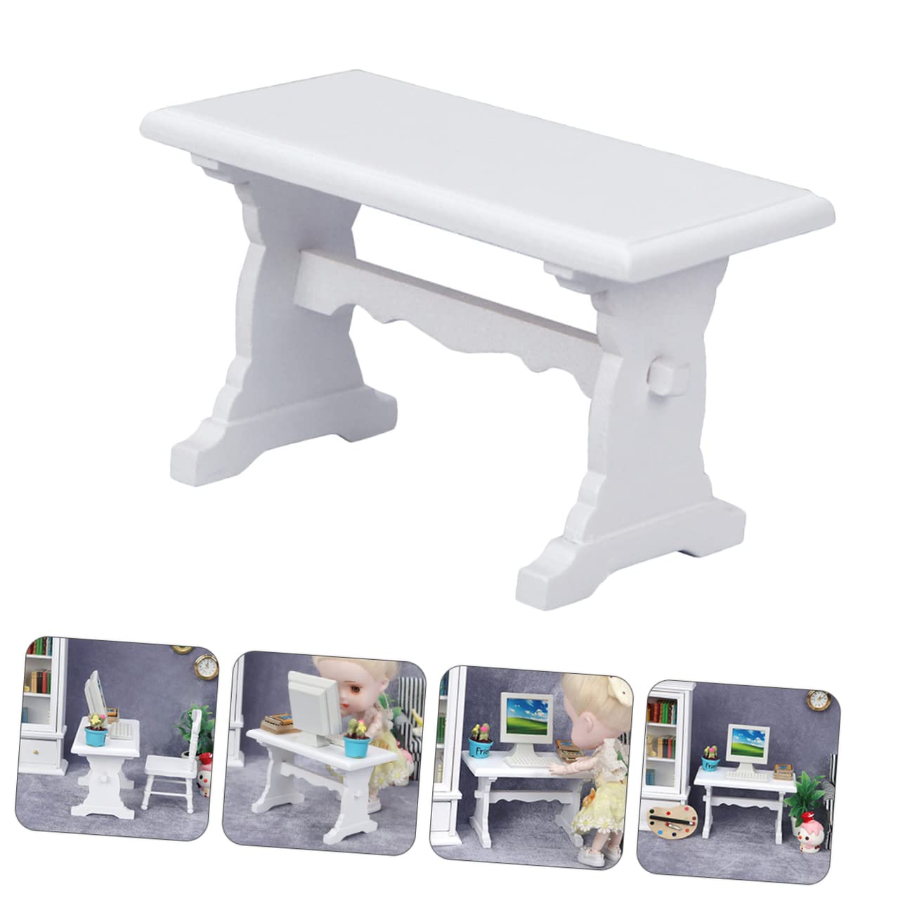 1:12 Scale Miniature White Wooden Computer Desk - Dollhouse Mini Furniture for Study & Office - Perfect for Dollhouse, Mini Model House, and DIY Miniature Scenes