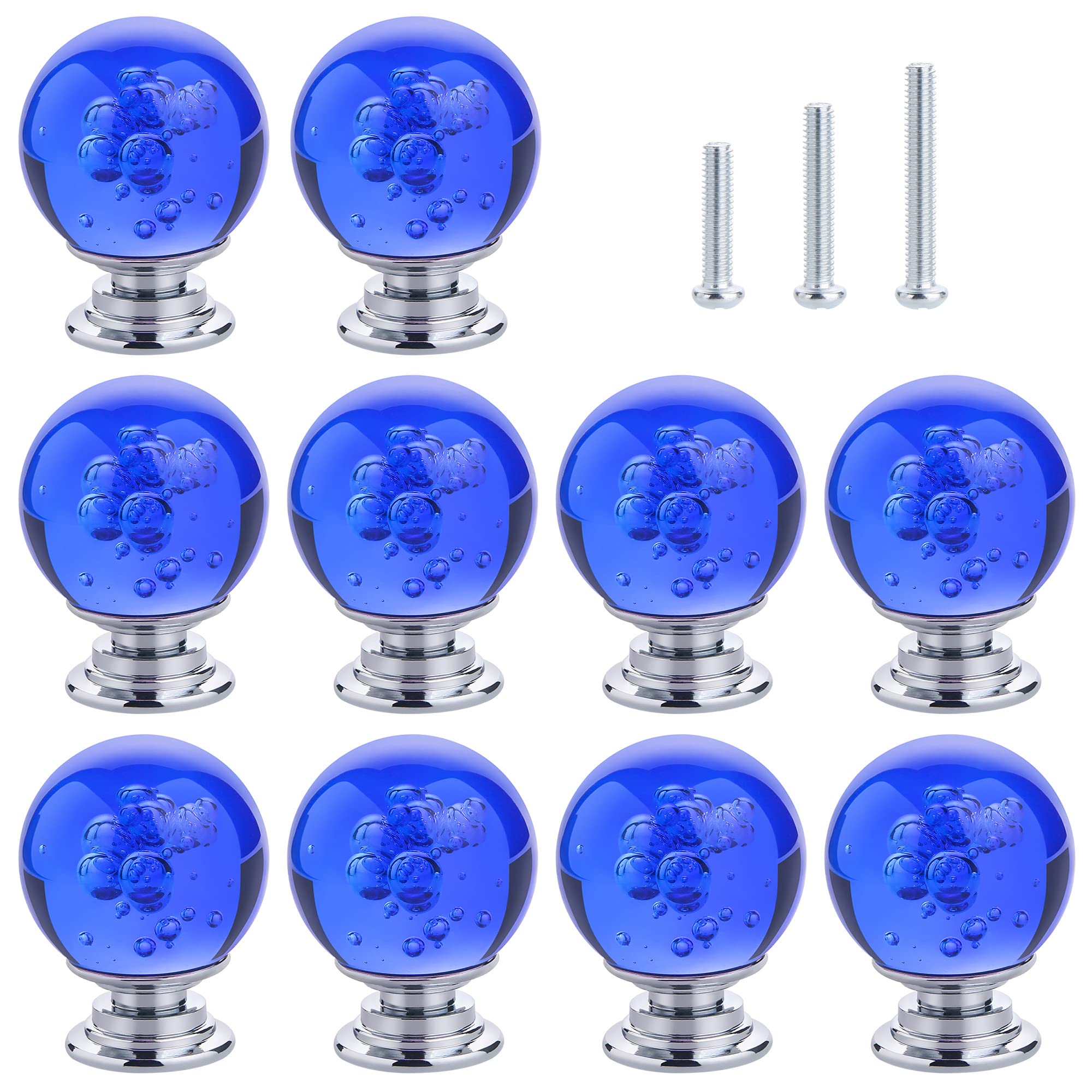 10 PCS Crystal Cabinet Knobs - Round Glass Bubbles Dresser Knobs with Smooth Surface for Drawers & Cabinets - Includes 3 Different Size Screws (30MM, Blue) - Perfect for Home Decor, Bedroom Furniture & Kitchen Cabinets