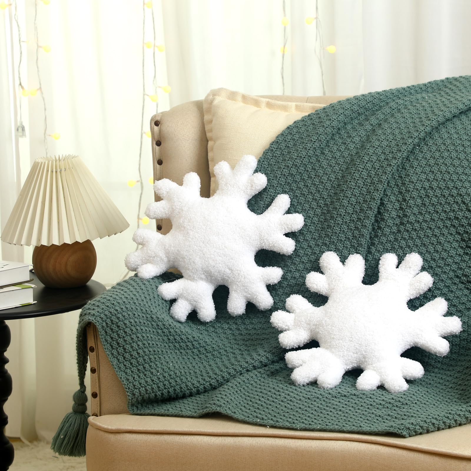 Huwena 2 Pack Winter Snowflake Throw Pillows - Soft Plush Decorative Couch Pillows for Sofa, Bed & Home Decor - 11.81 Inch White Snowflake Shaped Cushions (Perfect for Christmas Decor & Cozy Winter Living Room)